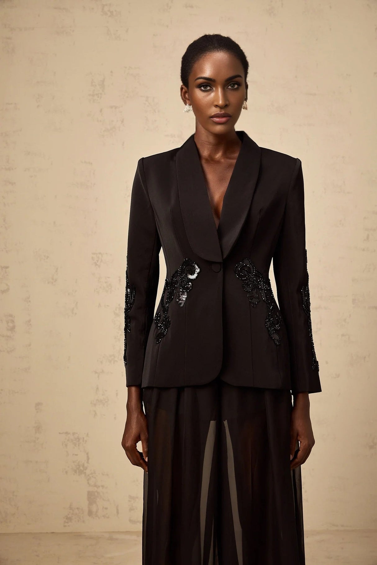 Zaira Blazer & Trousers Set Sequin Embellished Black Matching Suit