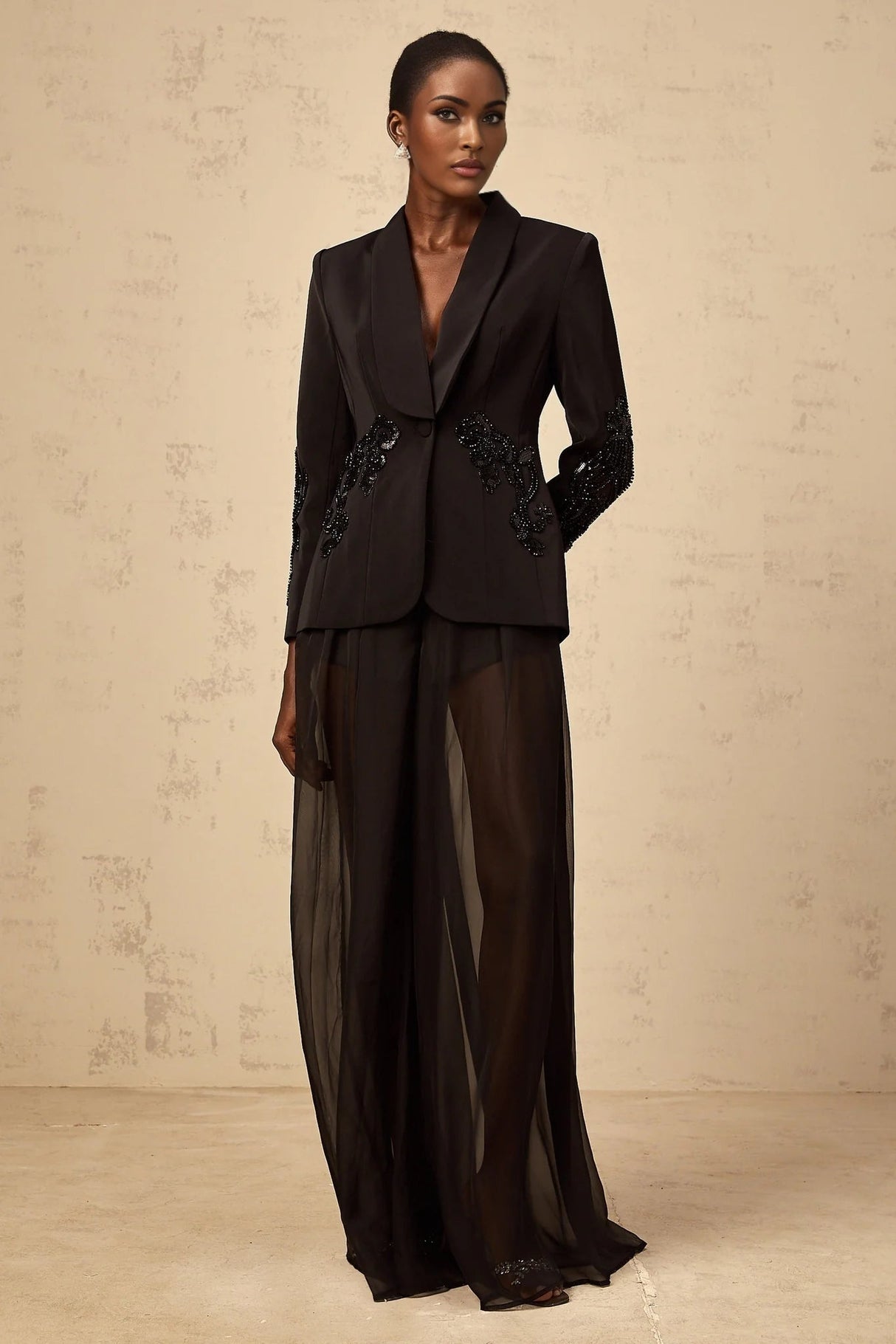 Zaira Blazer & Trousers Set Sequin Embellished Black Matching Suit