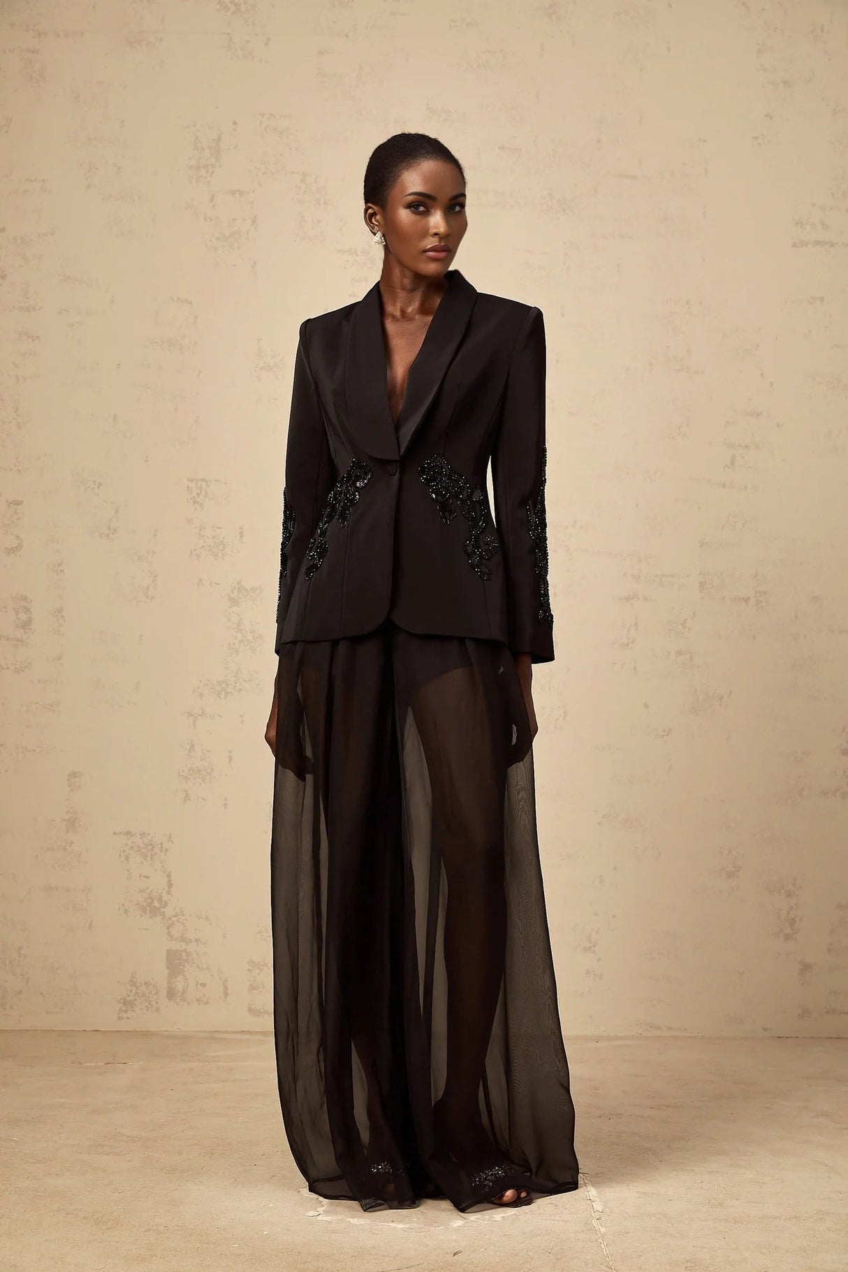 Zaira Blazer & Trousers Set Sequin Embellished Black Matching Suit