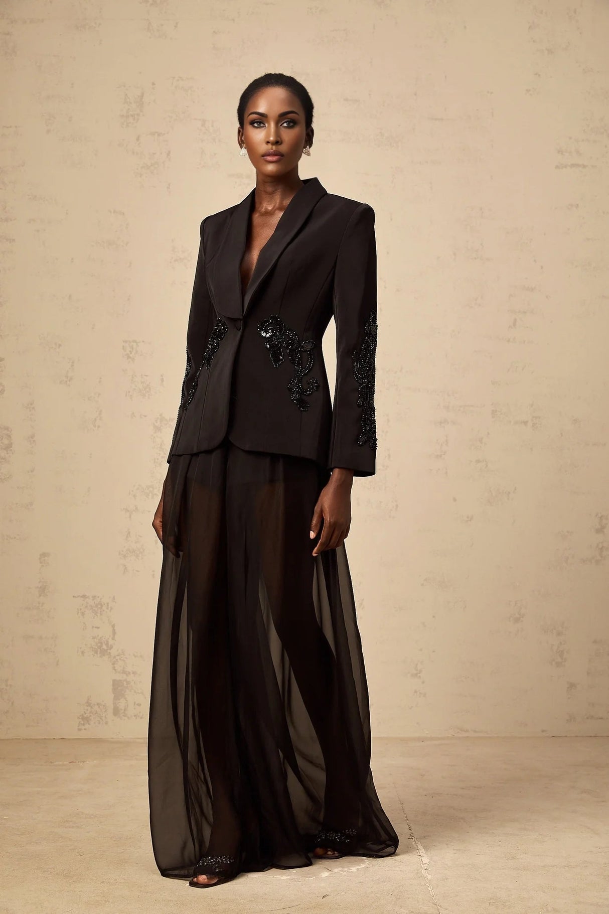 Zaira Blazer & Trousers Set Sequin Embellished Black Matching Suit