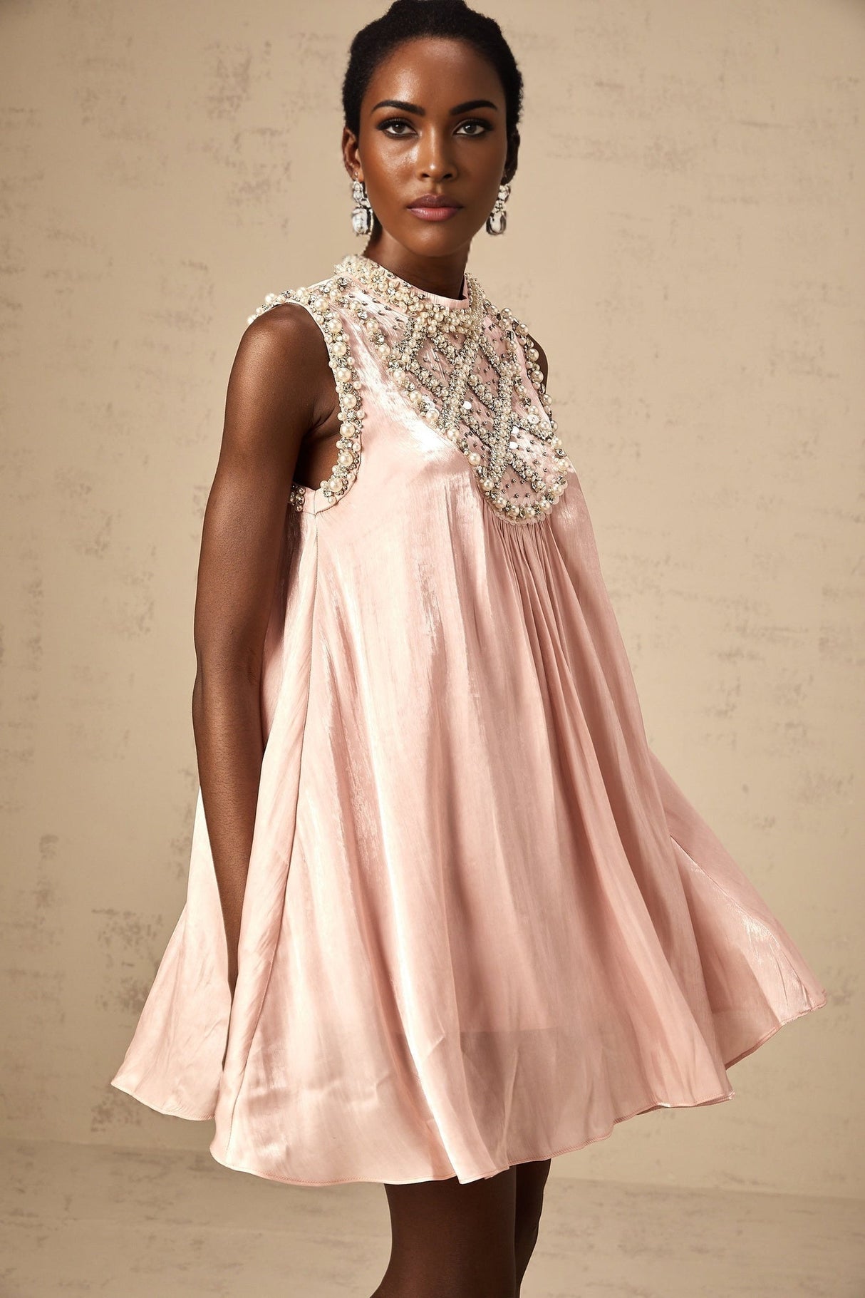 Zaira Mini Dress Pink Sequin Crystal Pleated Sparkle Shine