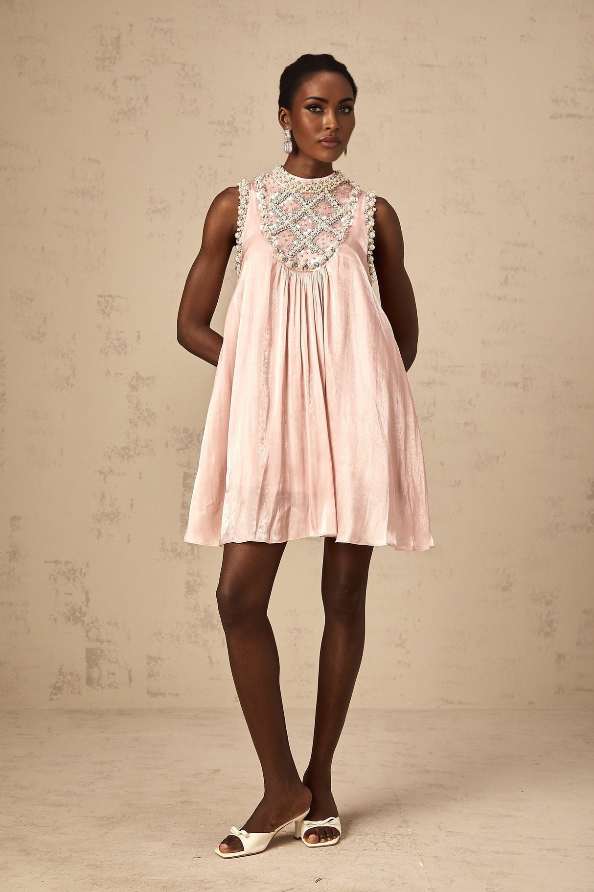 Zaira Mini Dress Pink Sequin Crystal Pleated Sparkle Shine