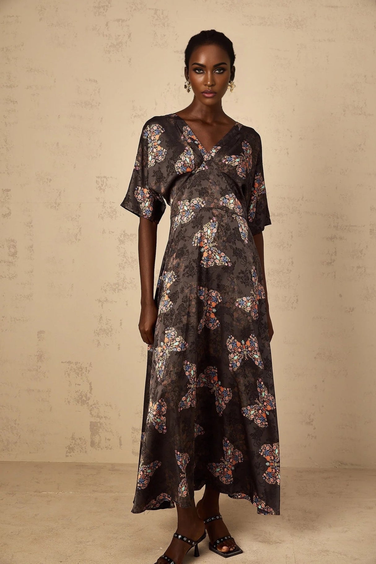 Zara Maxi Dress Black Butterfly Print & Self - Tie Design