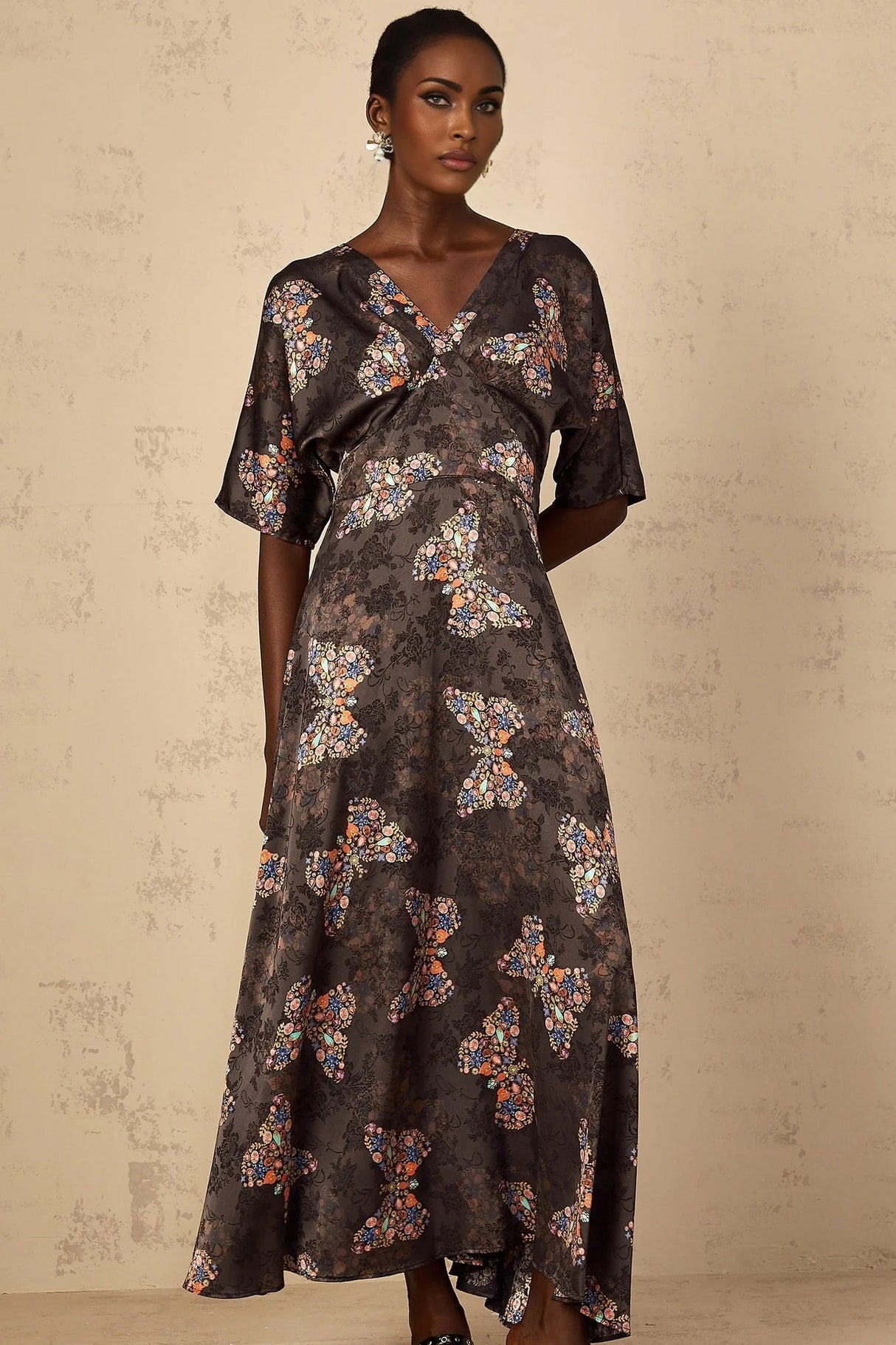 Zara Maxi Dress Black Butterfly Print & Self - Tie Design