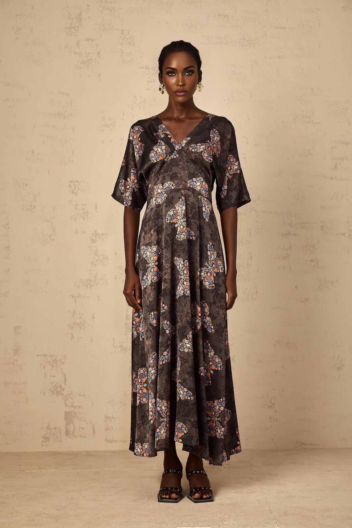 Zara Maxi Dress Black Butterfly Print & Self - Tie Design