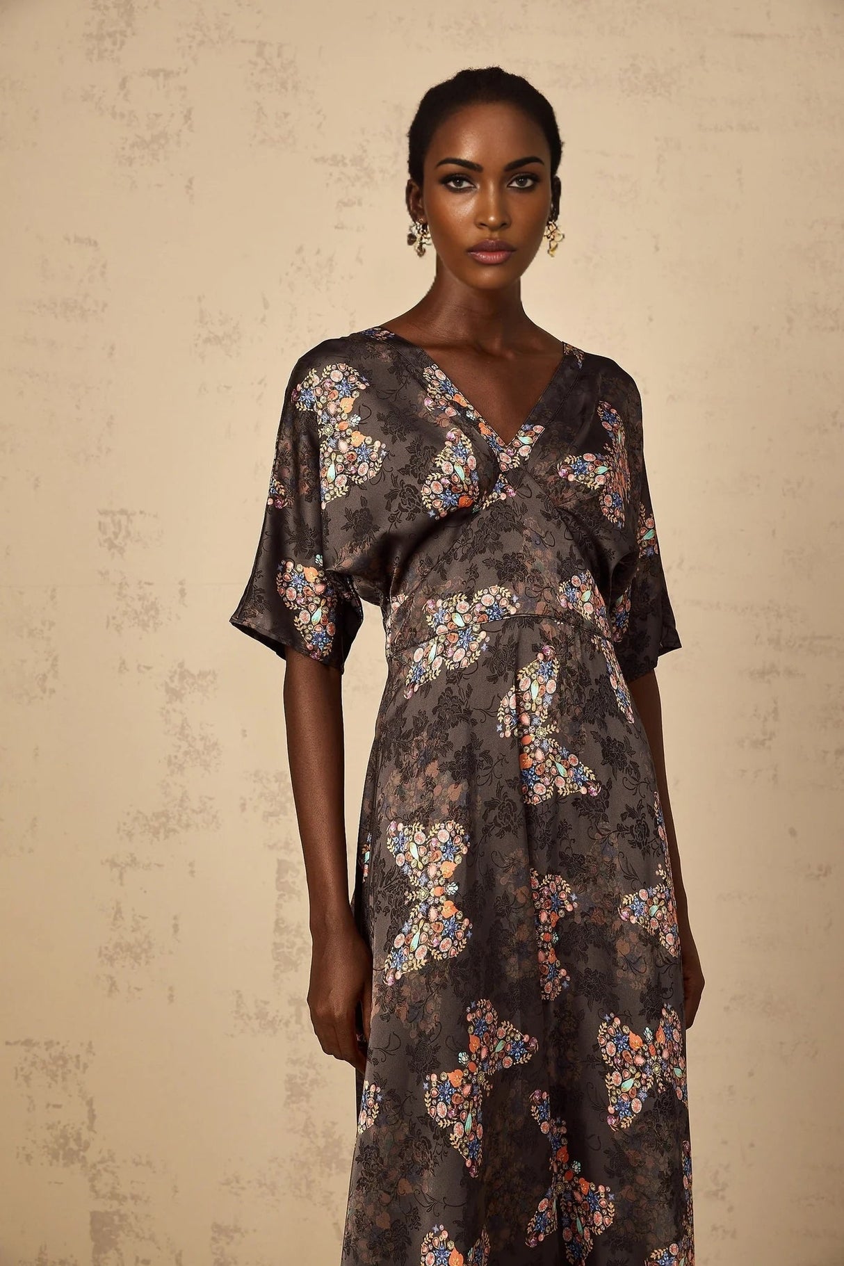 Zara Maxi Dress Black Butterfly Print & Self - Tie Design