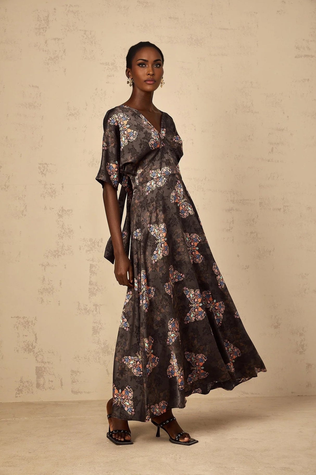 Zara Maxi Dress Black Butterfly Print & Self - Tie Design