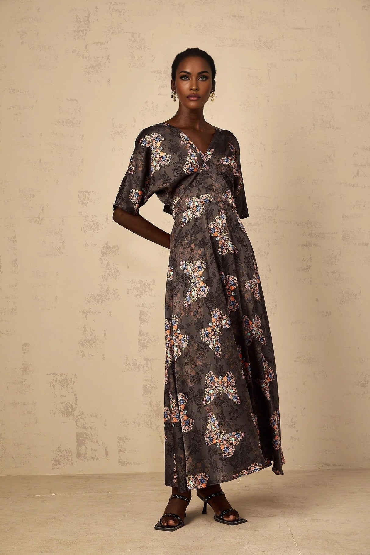 Zara Maxi Dress Black Butterfly Print & Self - Tie Design