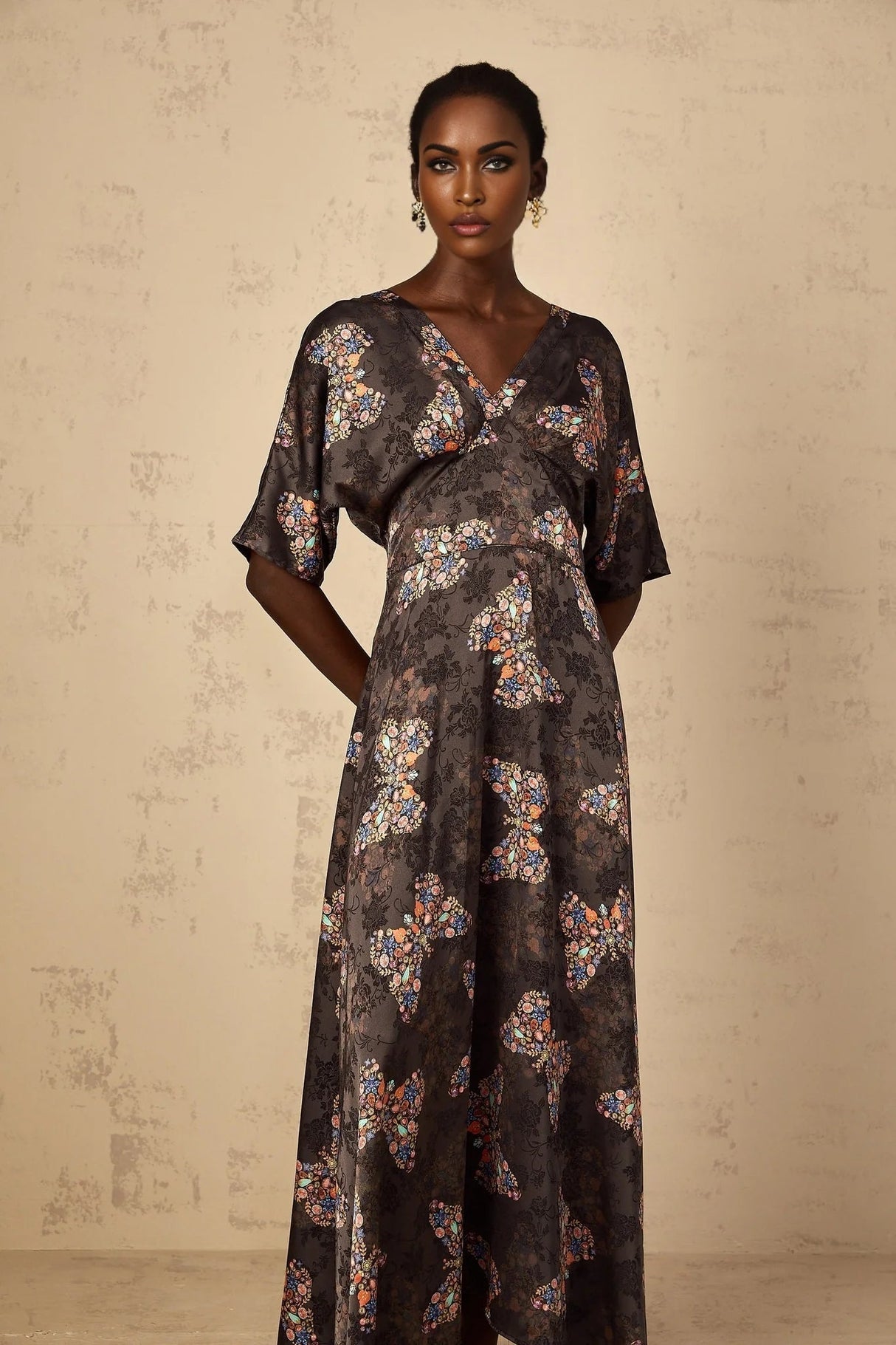 Zara Maxi Dress Black Butterfly Print & Self - Tie Design