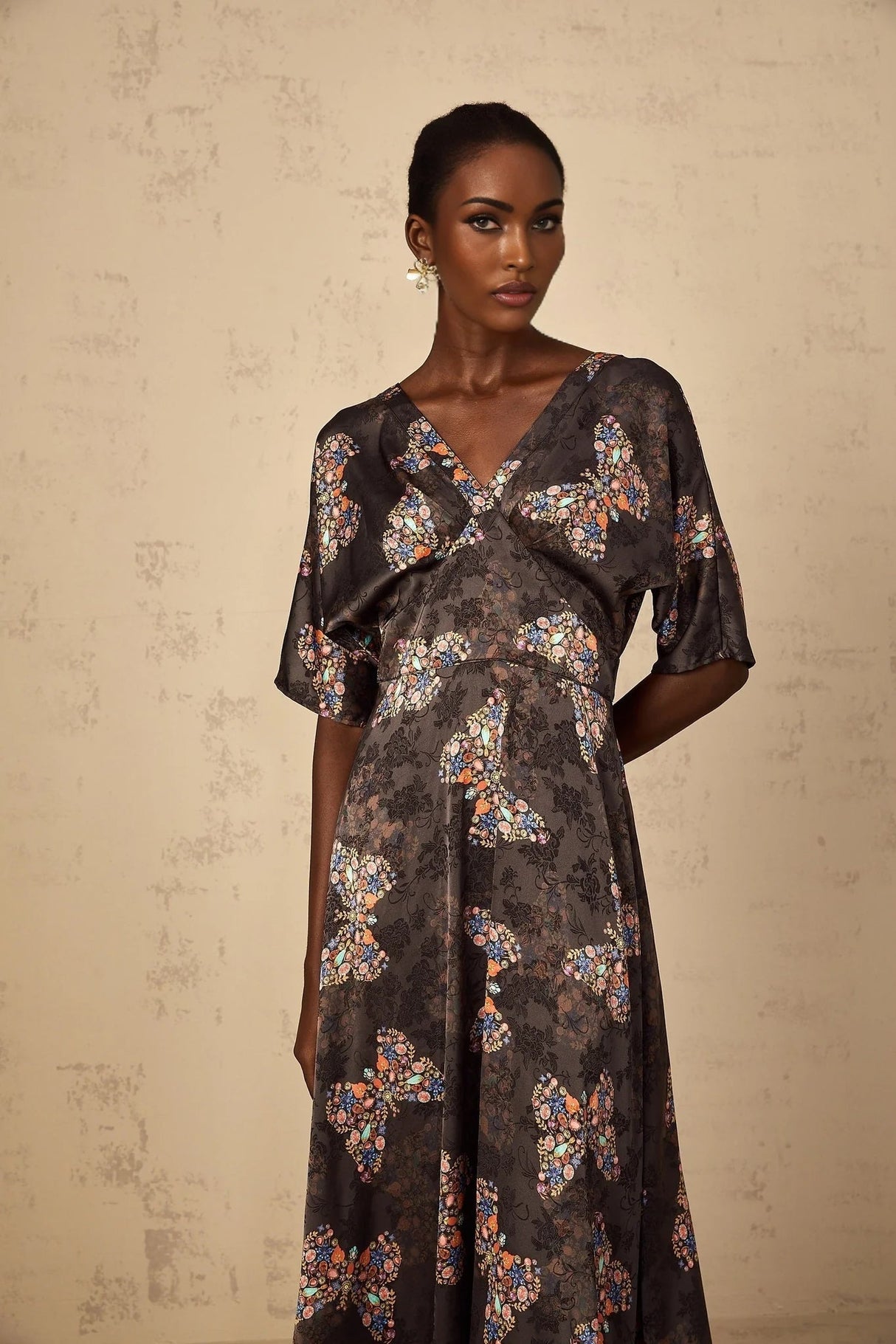 Zara Maxi Dress Black Butterfly Print & Self - Tie Design