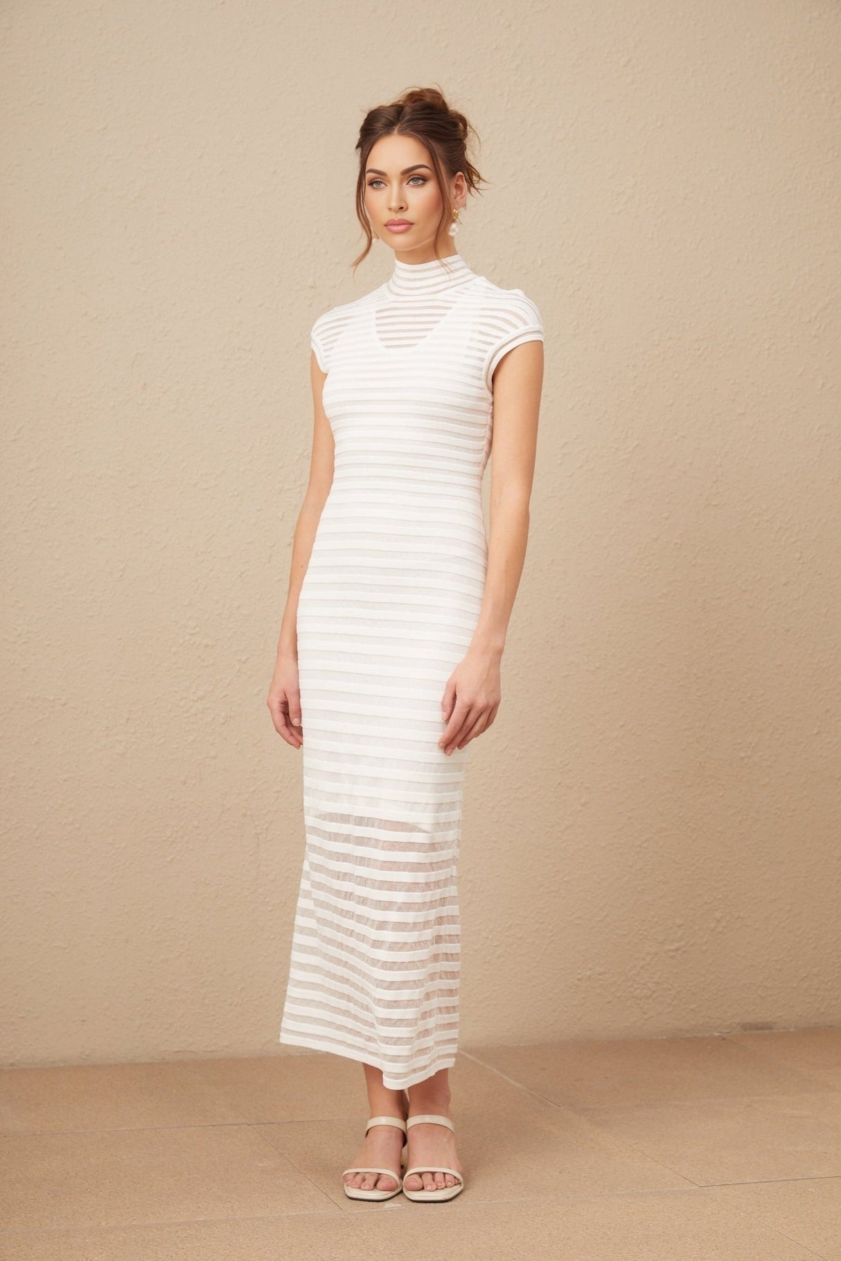 Zara Midi Dress White Tulle Horizontal Stripes Open Back Slip Pencil Silhouette