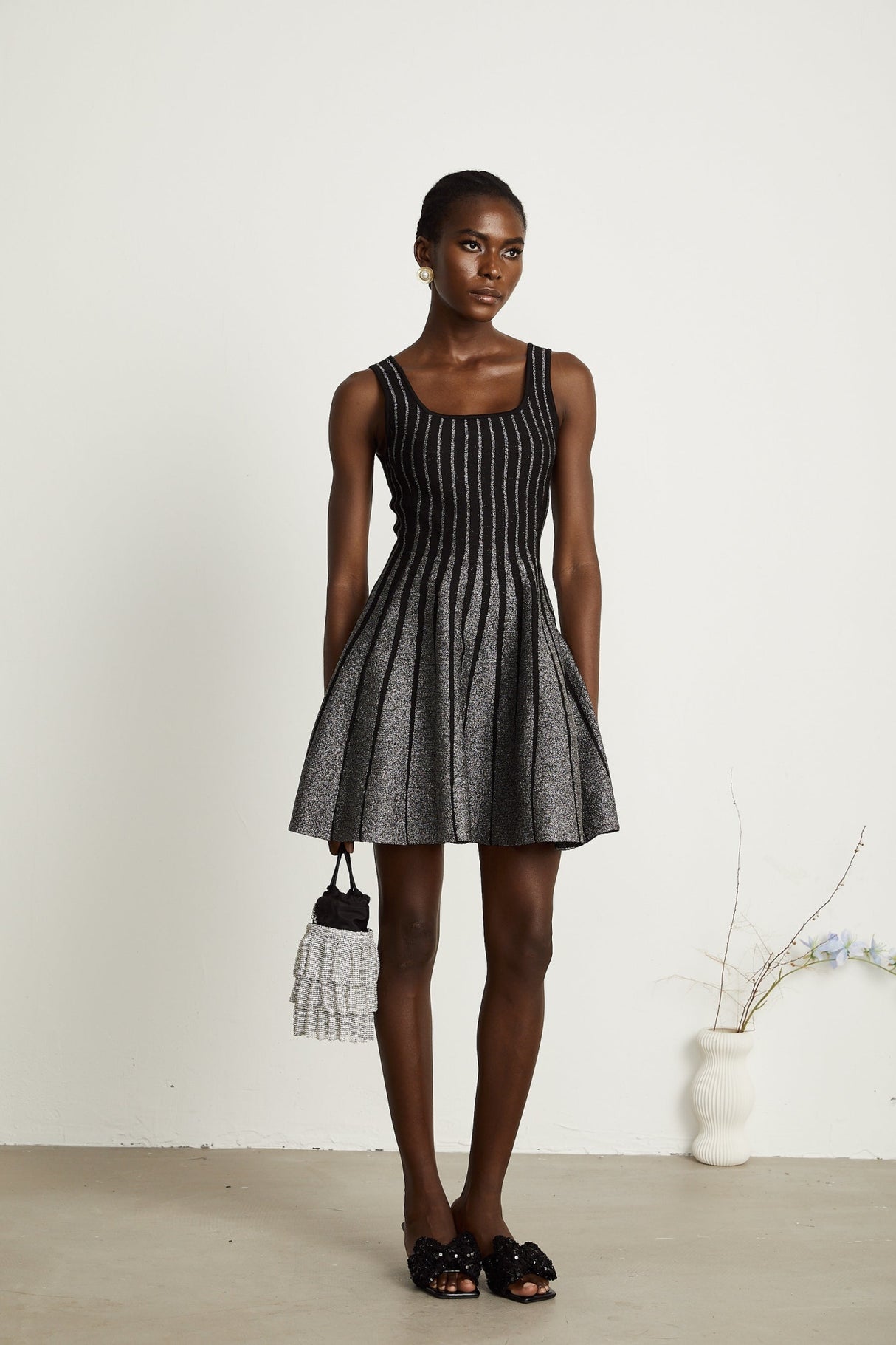 Zara Mini Dress Black Glitter Stripe Flare Gloss
