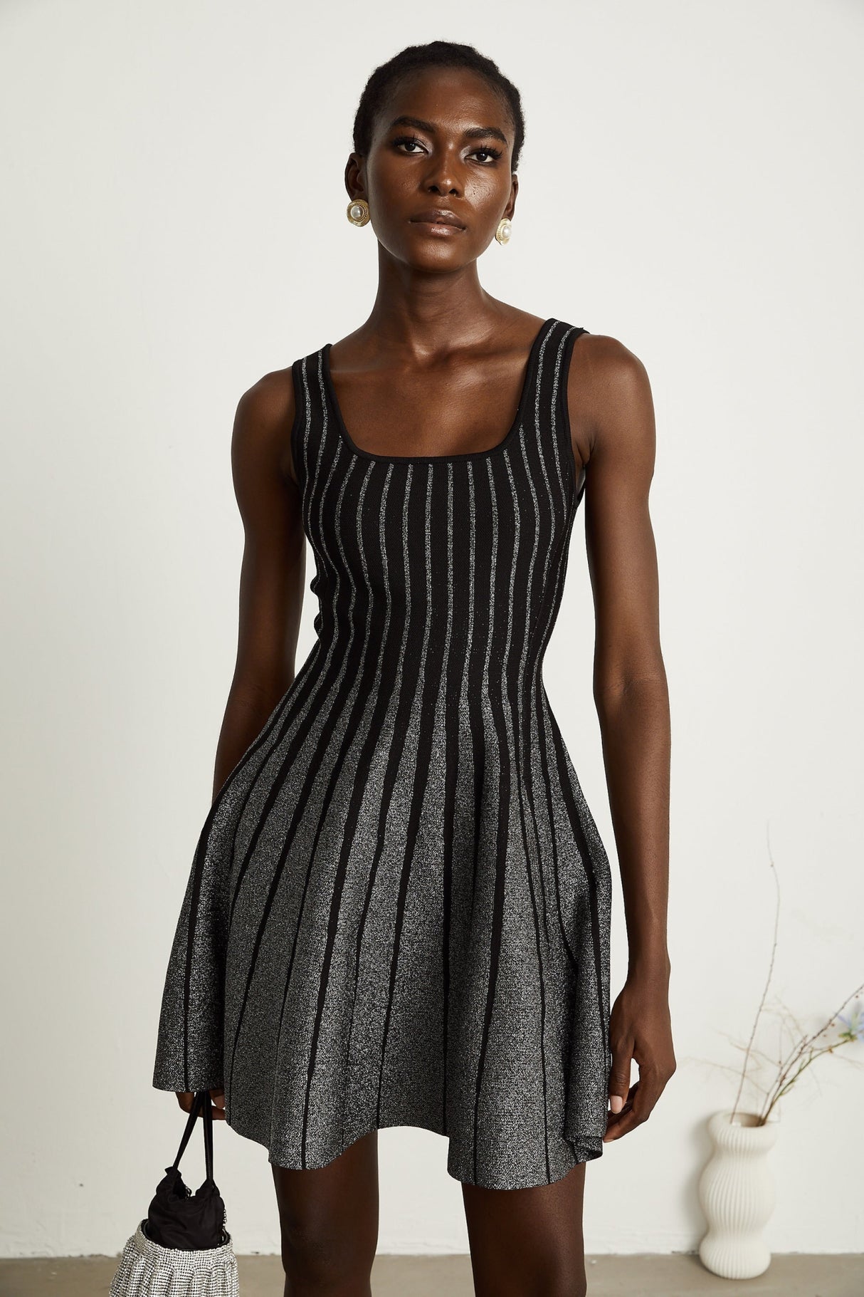 Zara Mini Dress Black Glitter Stripe Flare Gloss