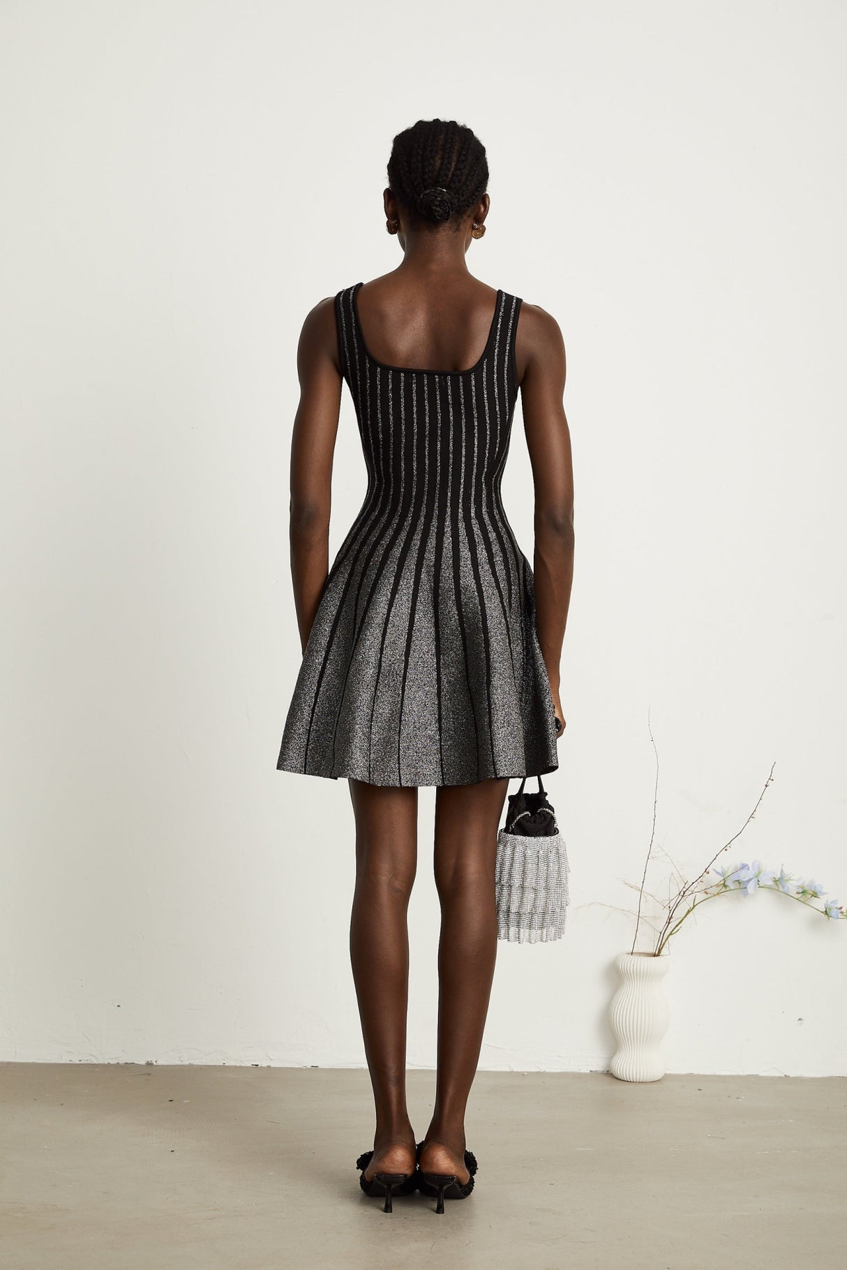 Zara Mini Dress Black Glitter Stripe Flare Gloss