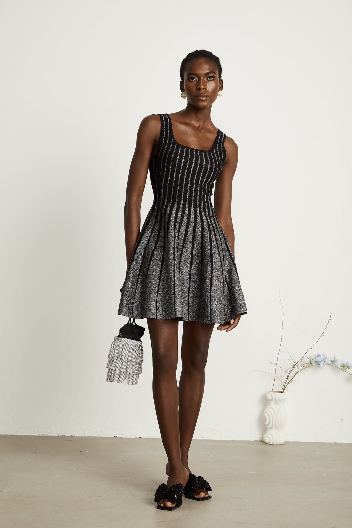 Zara Mini Dress Black Glitter Stripe Flare Gloss