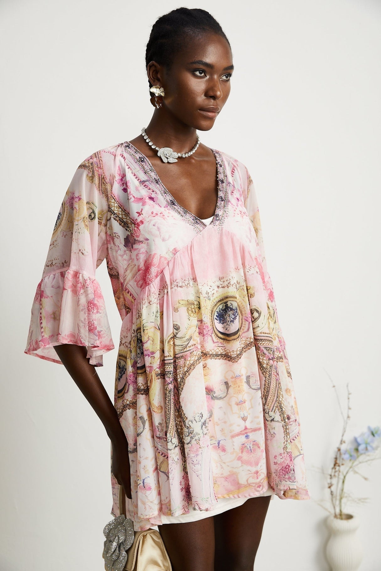 Zara Mini Dress Pink Crystal Embellished Pattern