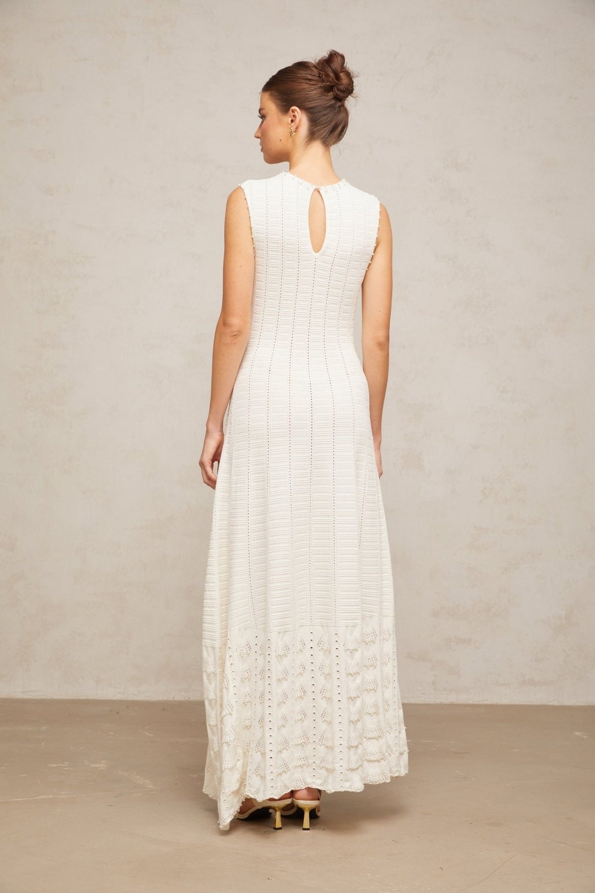 Zaylee Maxi Dress in White with Faux - Pearl Embellishments and Pointelle Knit Pattern