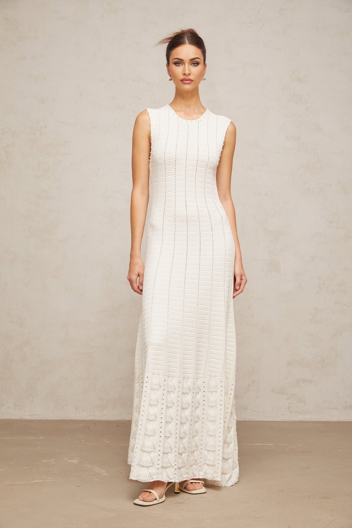 Zaylee Maxi Dress in White with Faux - Pearl Embellishments and Pointelle Knit Pattern
