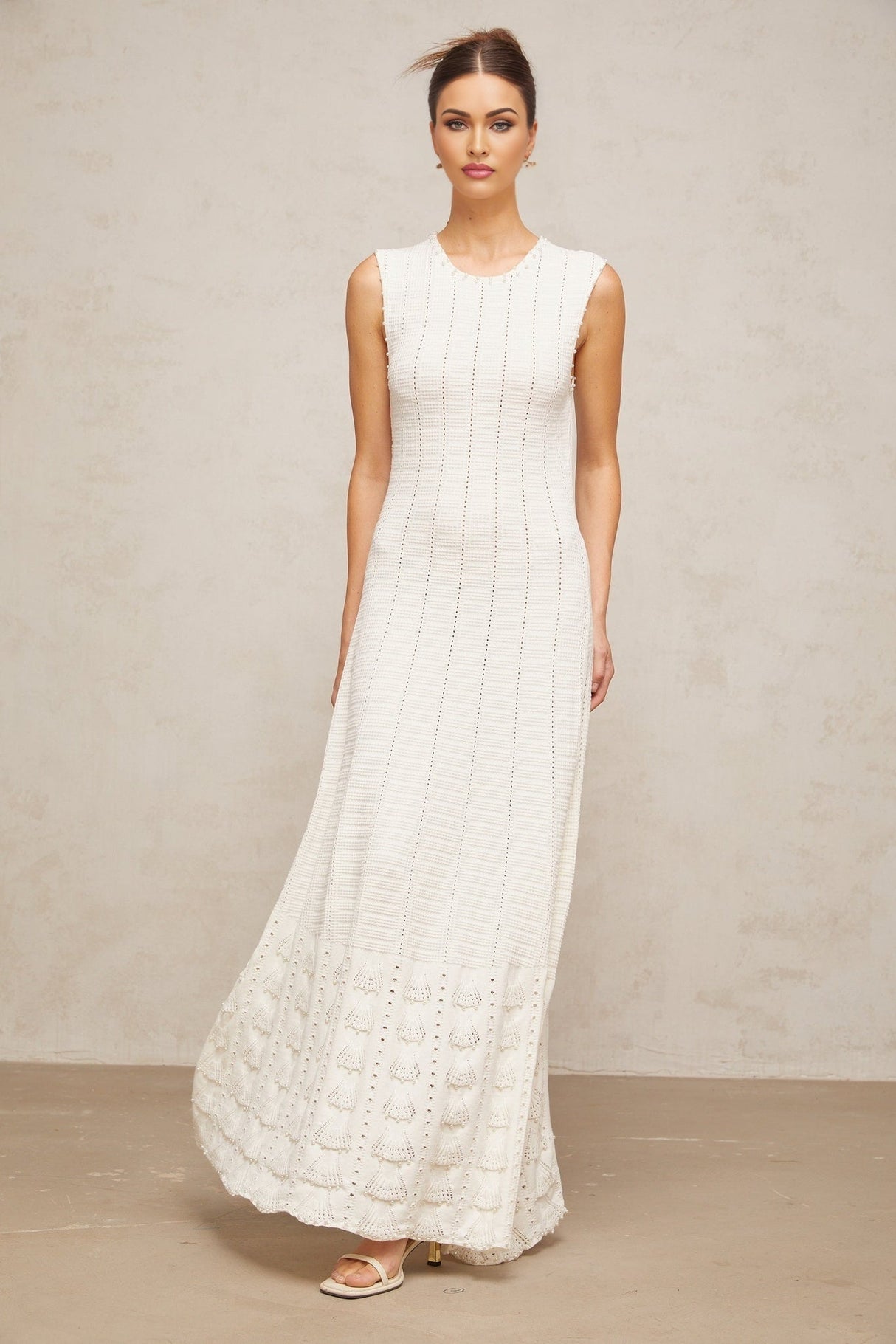 Zaylee Maxi Dress in White with Faux - Pearl Embellishments and Pointelle Knit Pattern