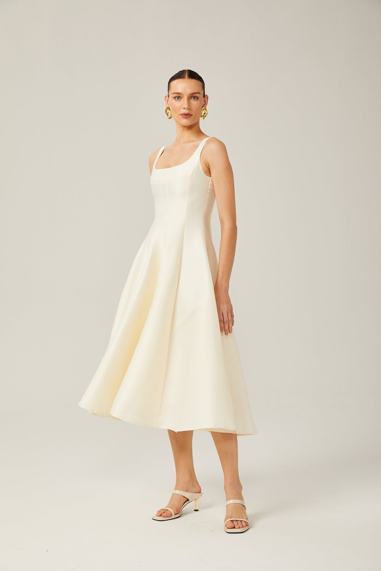 Zaylee Midi Dress Ivory White Satin Flare Pleated Calf - Length