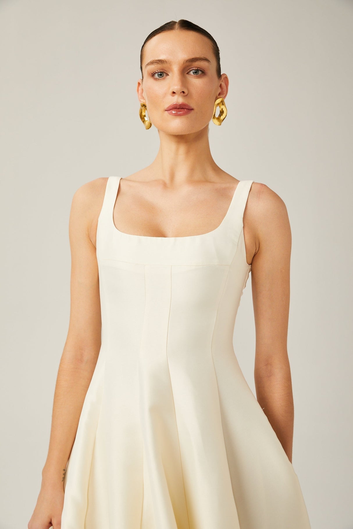 Zaylee Midi Dress Ivory White Satin Flare Pleated Calf - Length