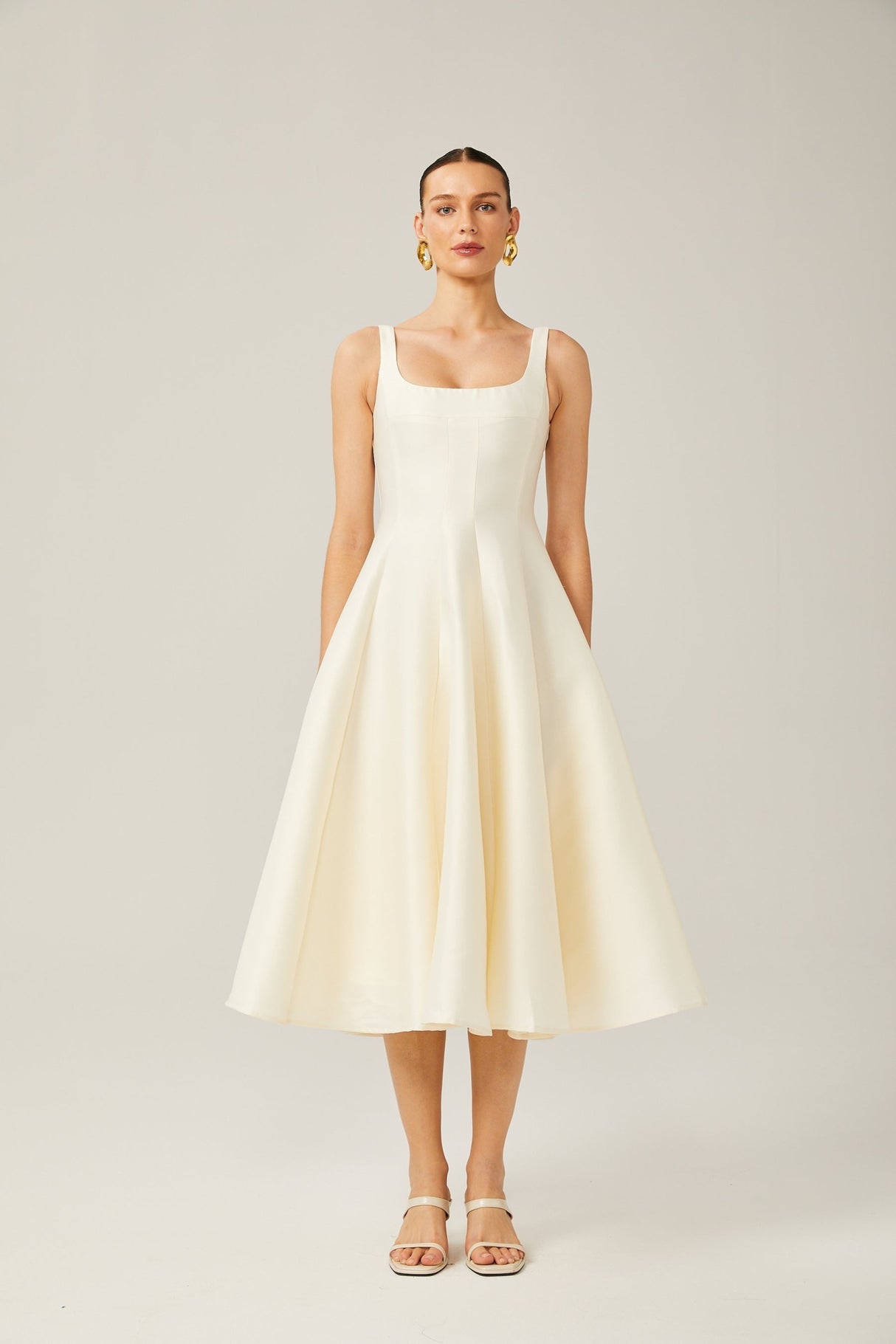 Zaylee Midi Dress Ivory White Satin Flare Pleated Calf - Length