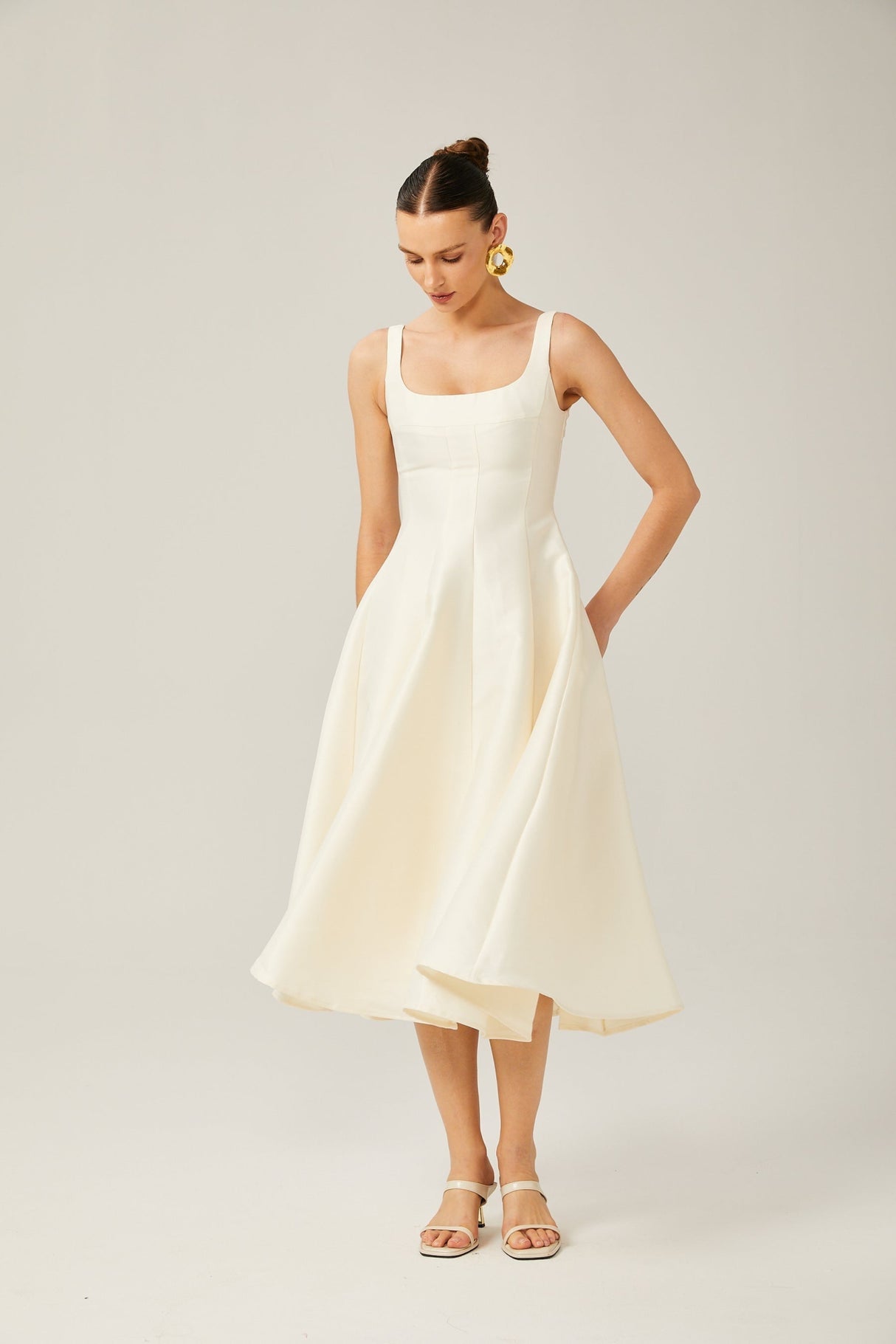 Zaylee Midi Dress Ivory White Satin Flare Pleated Calf - Length