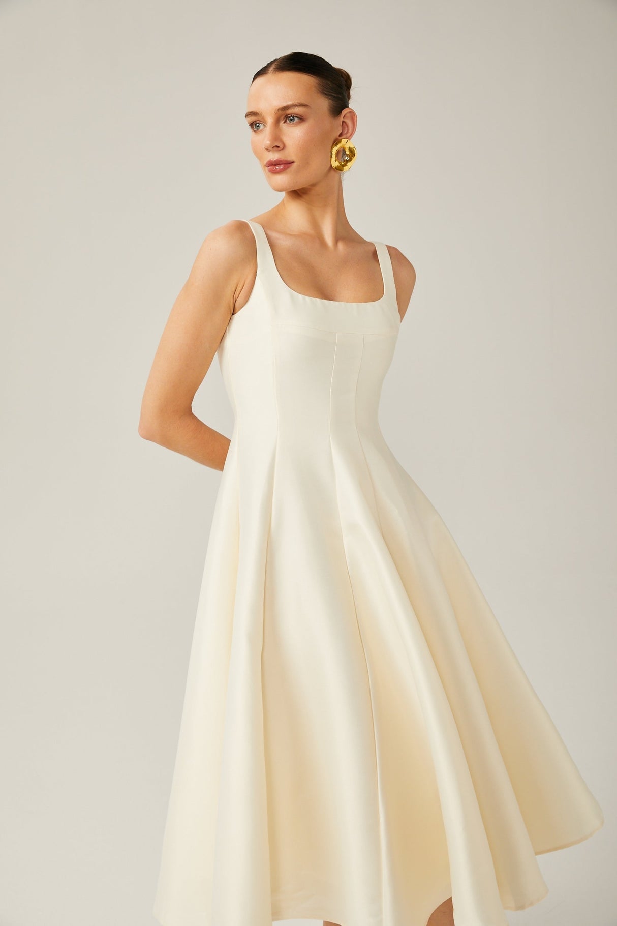 Zaylee Midi Dress Ivory White Satin Flare Pleated Calf - Length