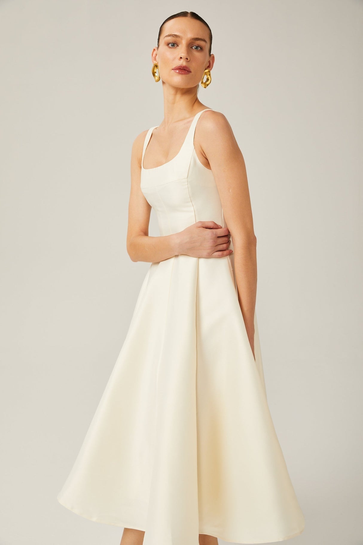 Zaylee Midi Dress Ivory White Satin Flare Pleated Calf - Length