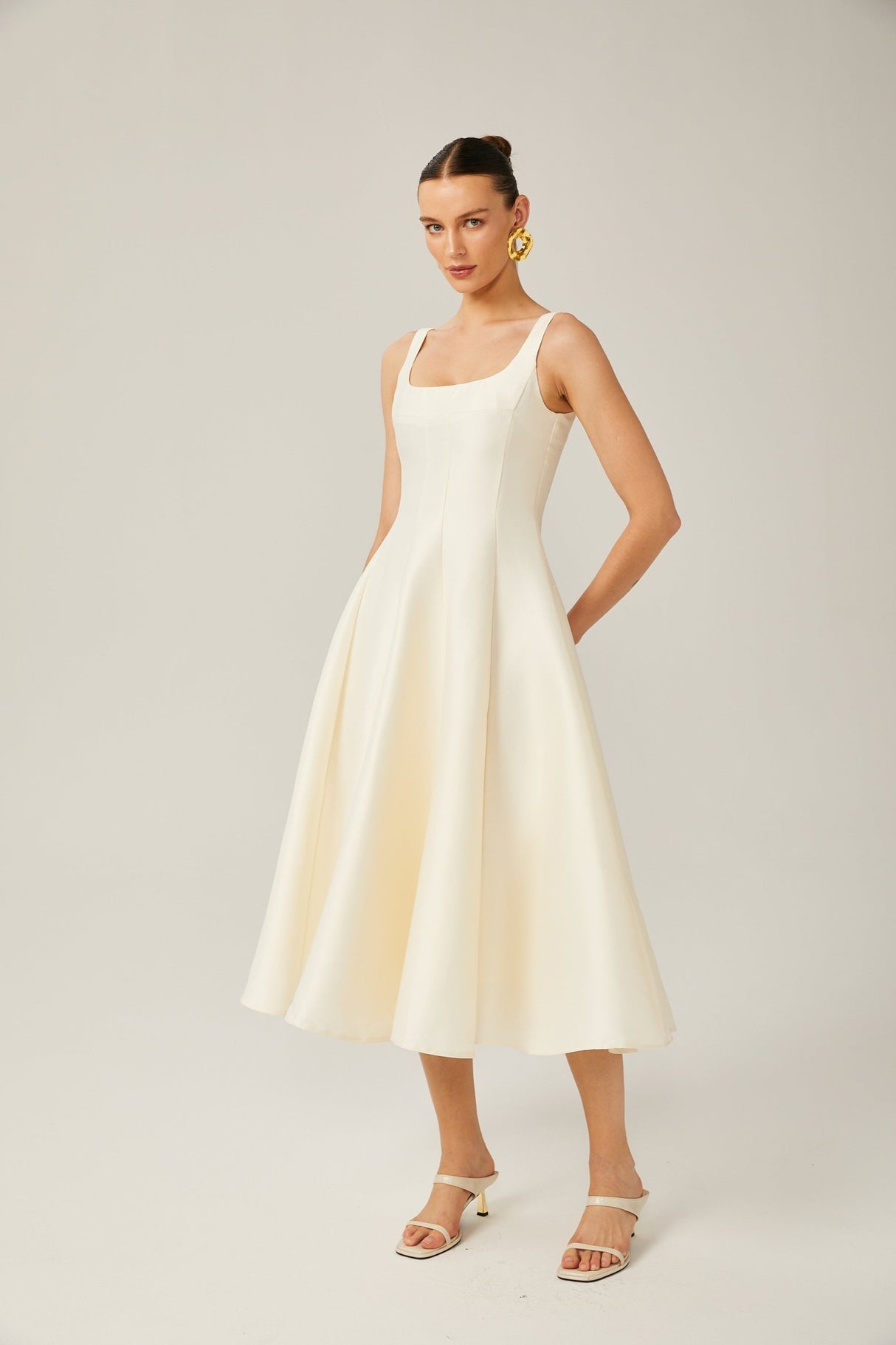 Zaylee Midi Dress Ivory White Satin Flare Pleated Calf - Length