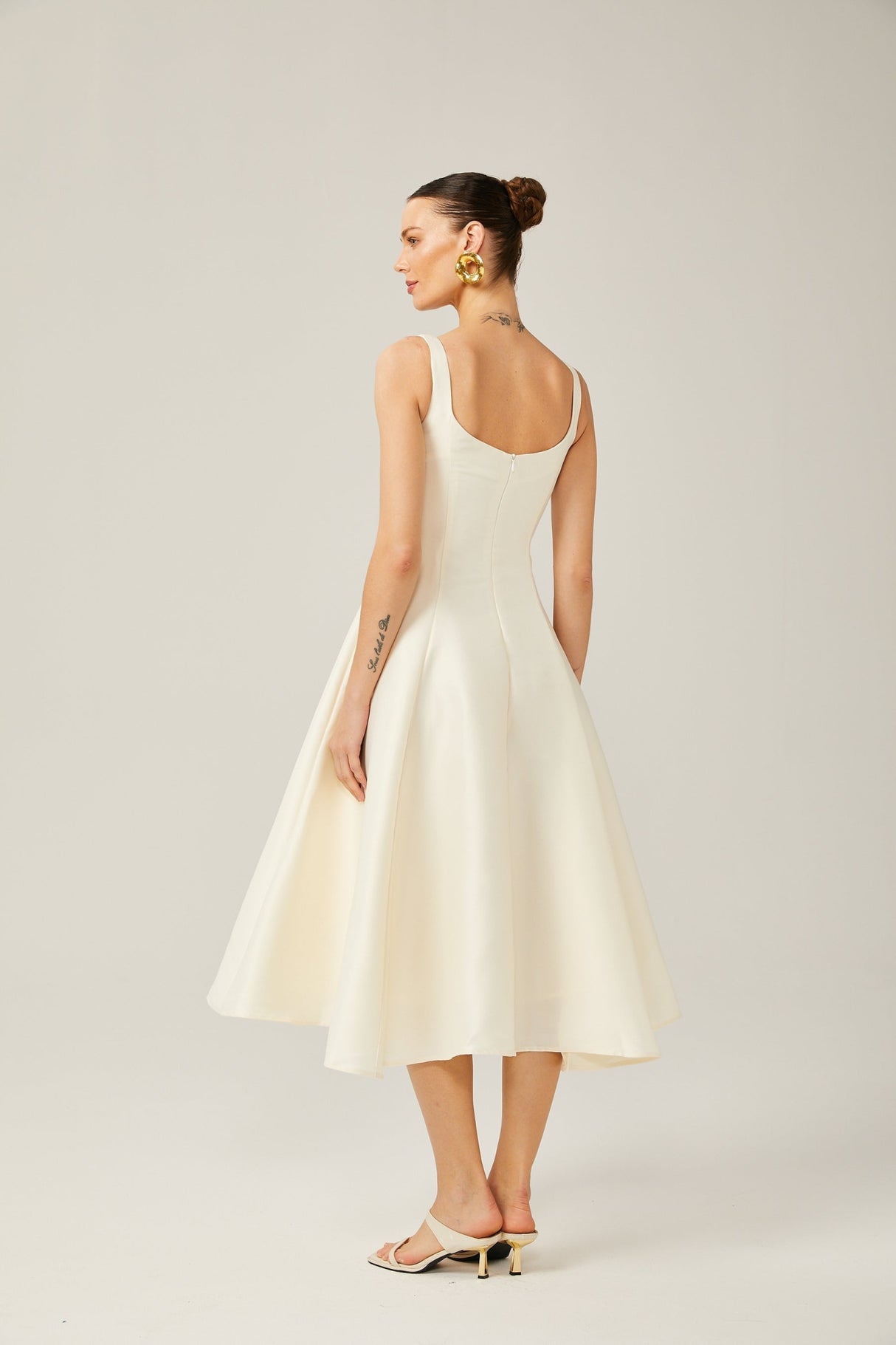 Zaylee Midi Dress Ivory White Satin Flare Pleated Calf - Length