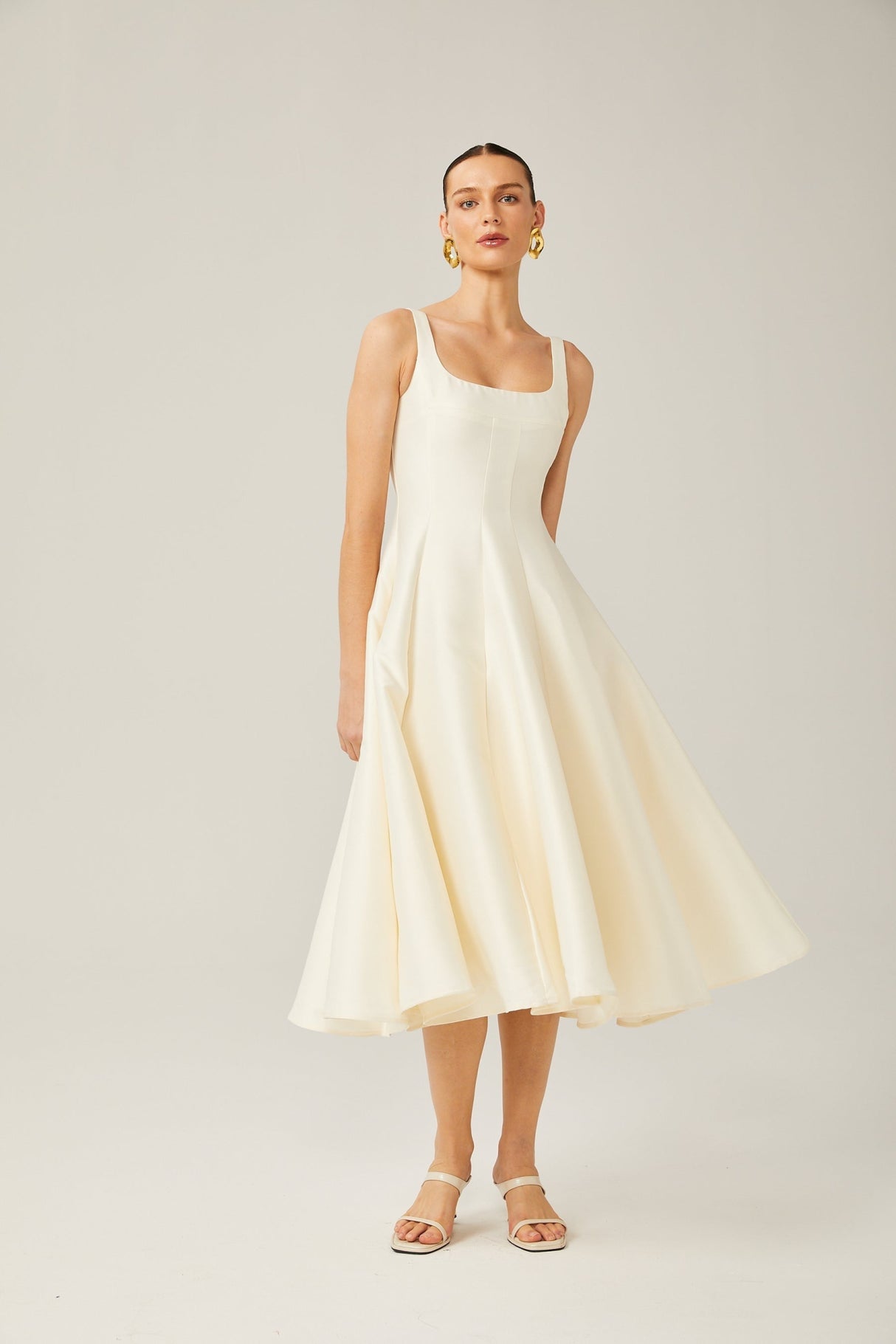 Zaylee Midi Dress Ivory White Satin Flare Pleated Calf - Length