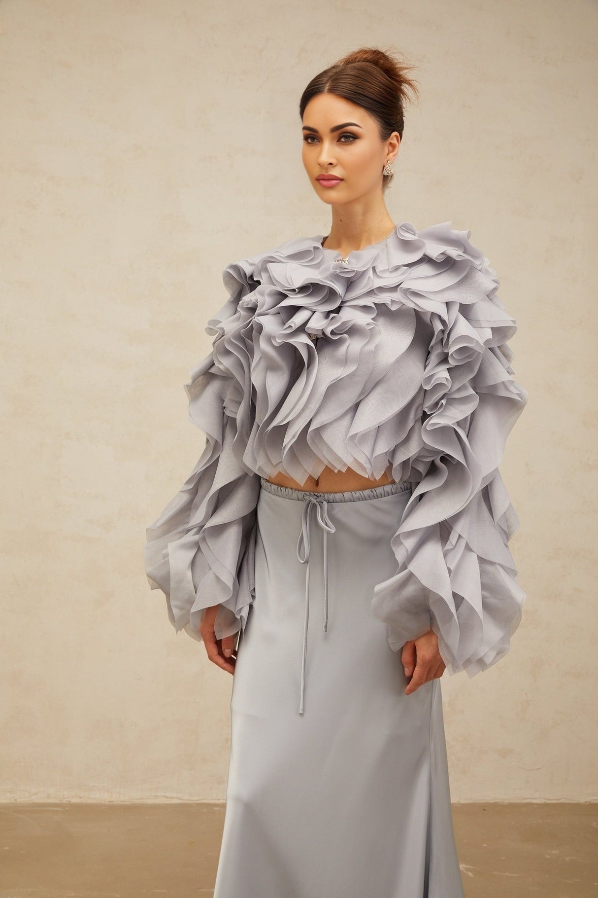 Zelda Blouse & Skirt Haze Blue Ruffled Bowknot Set