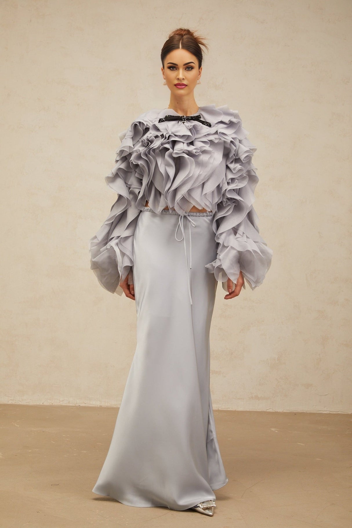 Zelda Blouse & Skirt Haze Blue Ruffled Bowknot Set