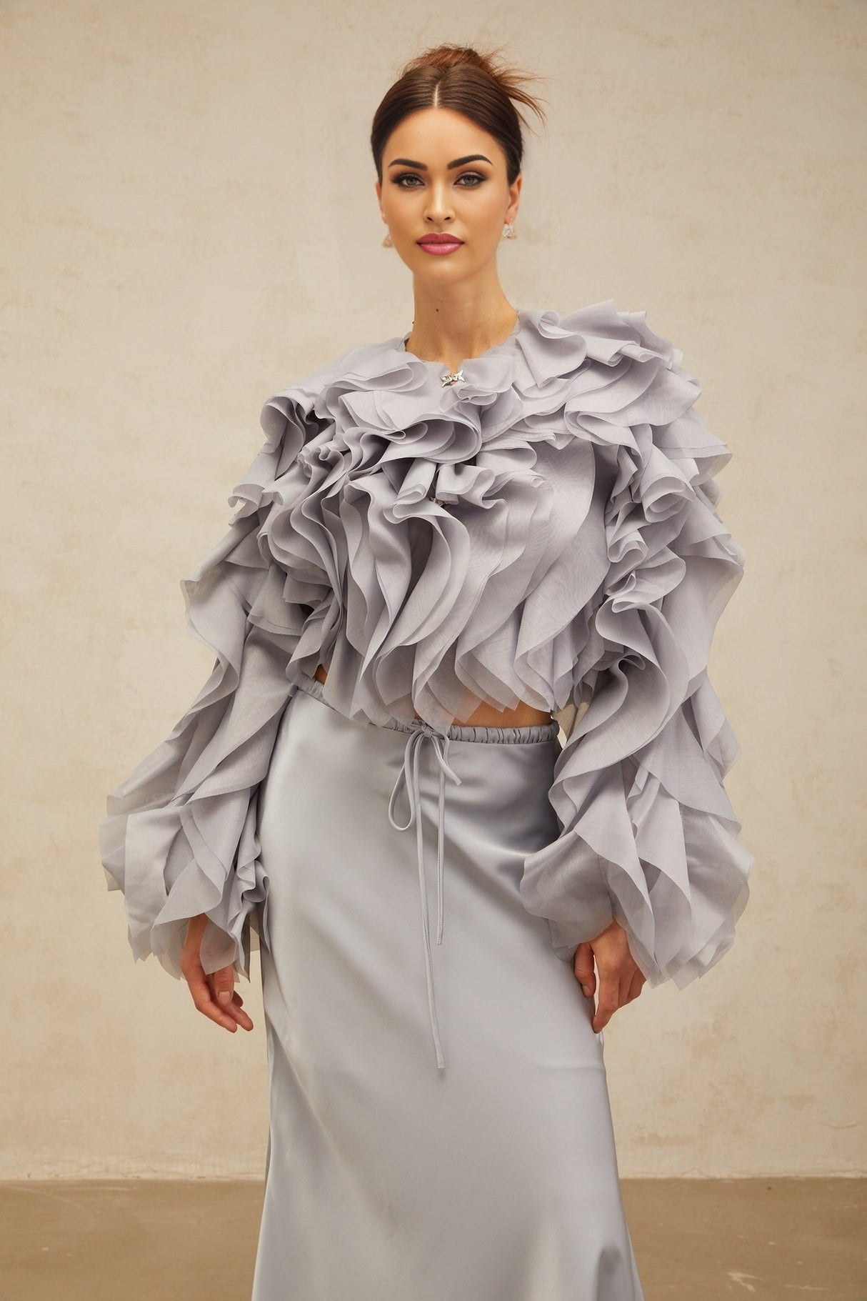 Zelda Blouse & Skirt Haze Blue Ruffled Bowknot Set