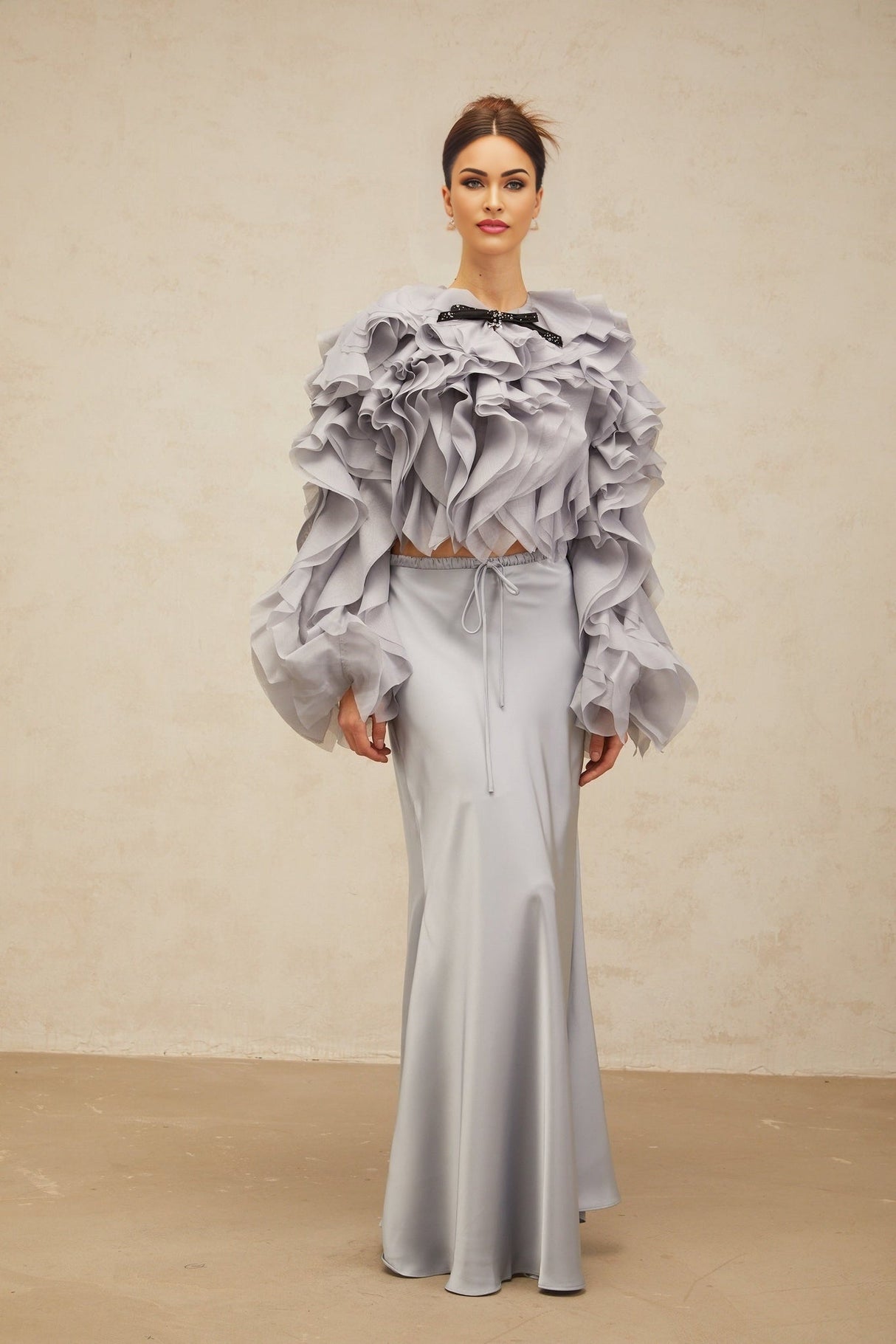 Zelda Blouse & Skirt Haze Blue Ruffled Bowknot Set