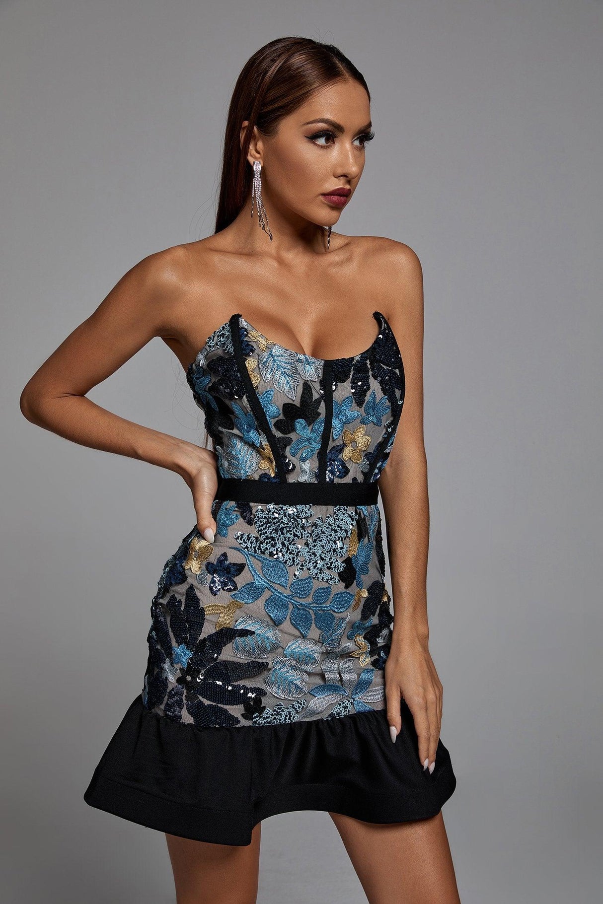 Zelda Blue Sequin Floral Off-Shoulder Dress