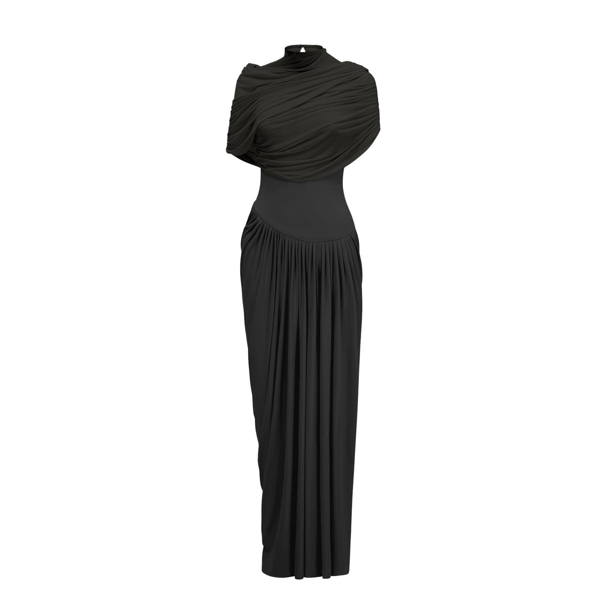 Zelda Maxi Dress in Black with Asymmetric Pleated Design & Draped Detailing