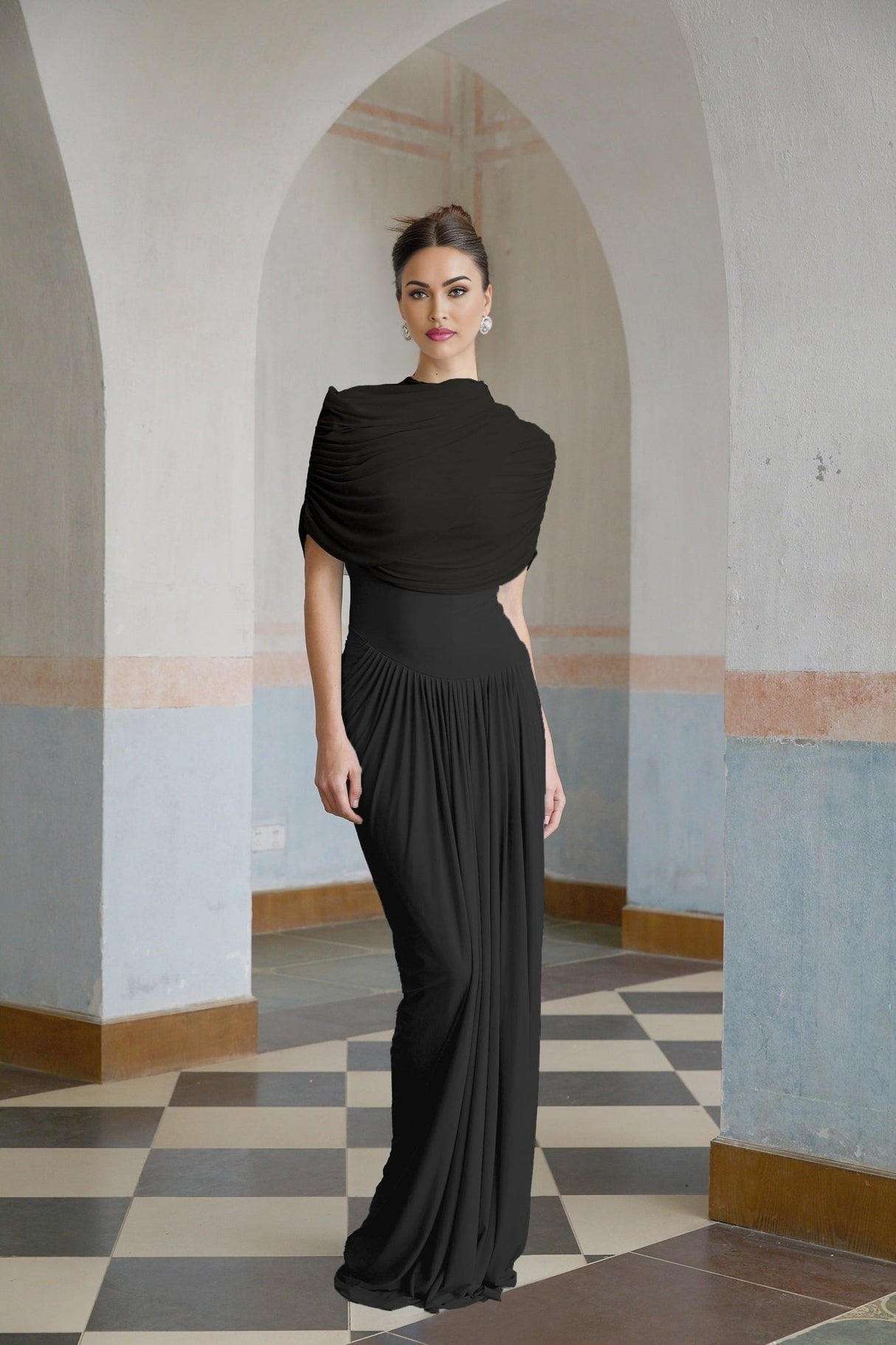 Zelda Maxi Dress in Black with Asymmetric Pleated Design & Draped Detailing