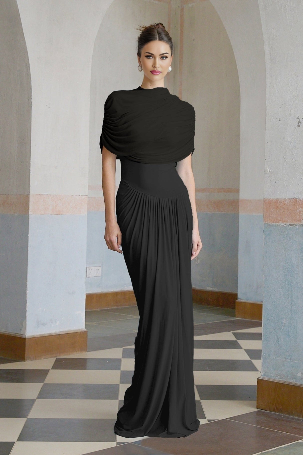 Zelda Maxi Dress in Black with Asymmetric Pleated Design & Draped Detailing