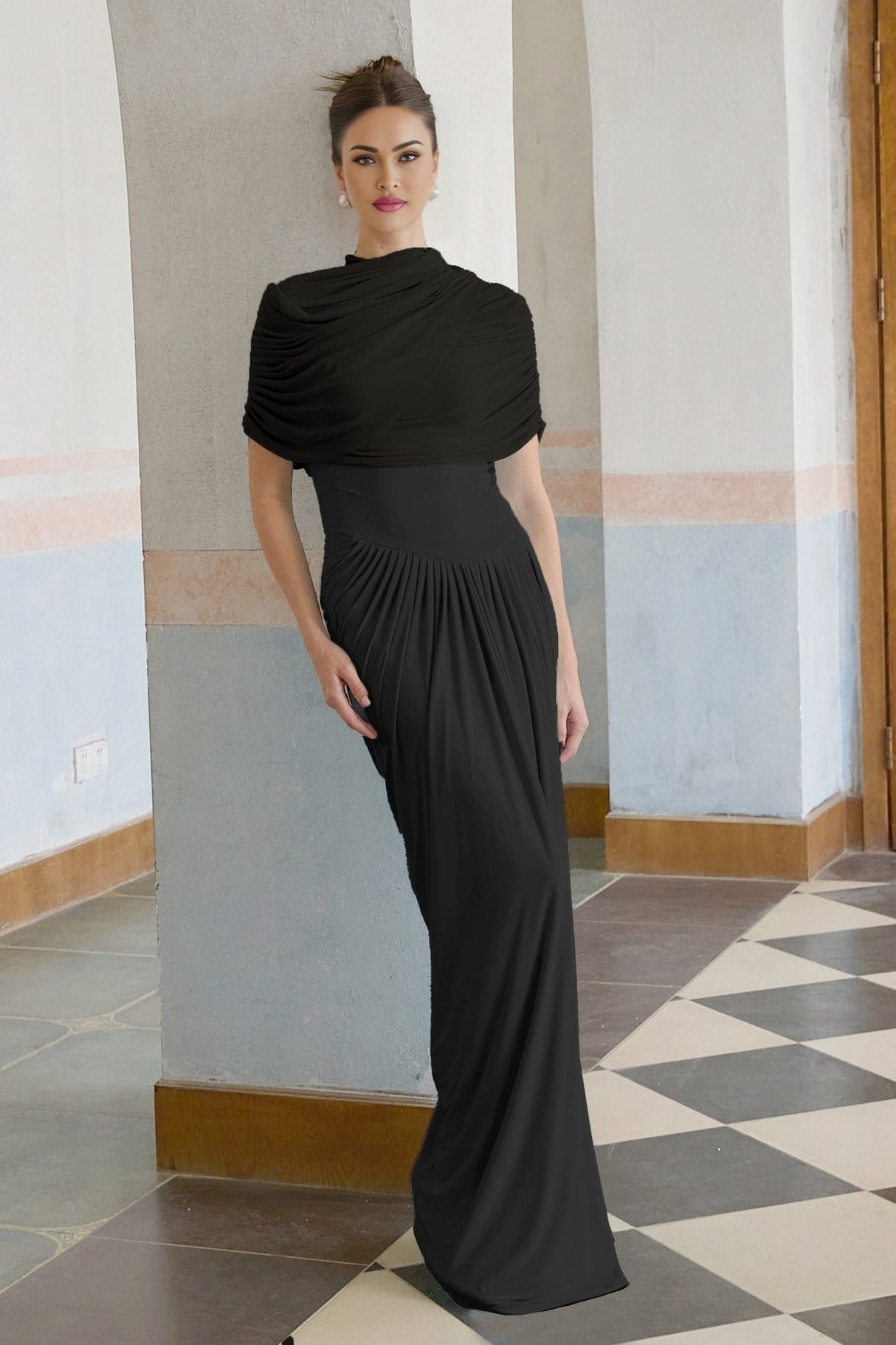 Zelda Maxi Dress in Black with Asymmetric Pleated Design & Draped Detailing