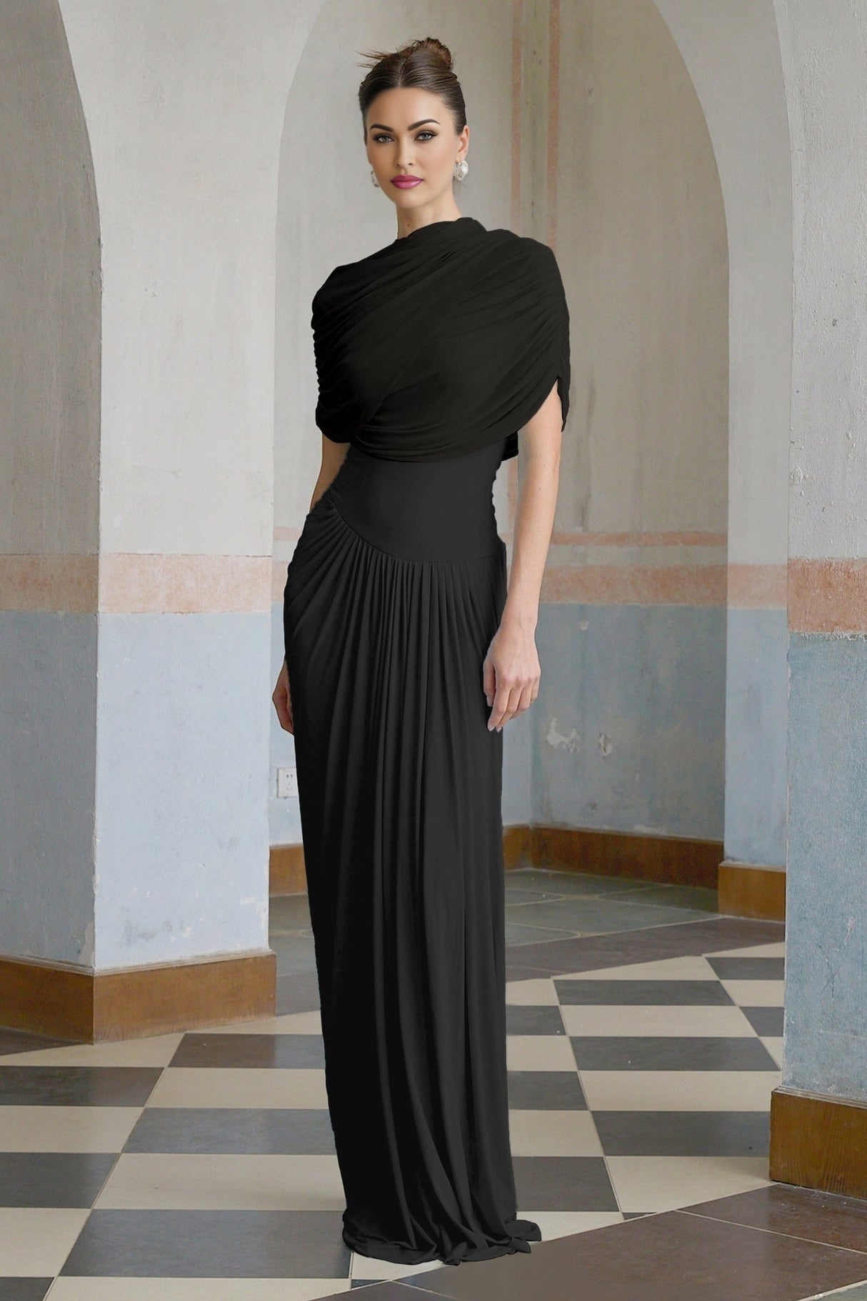 Zelda Maxi Dress in Black with Asymmetric Pleated Design & Draped Detailing