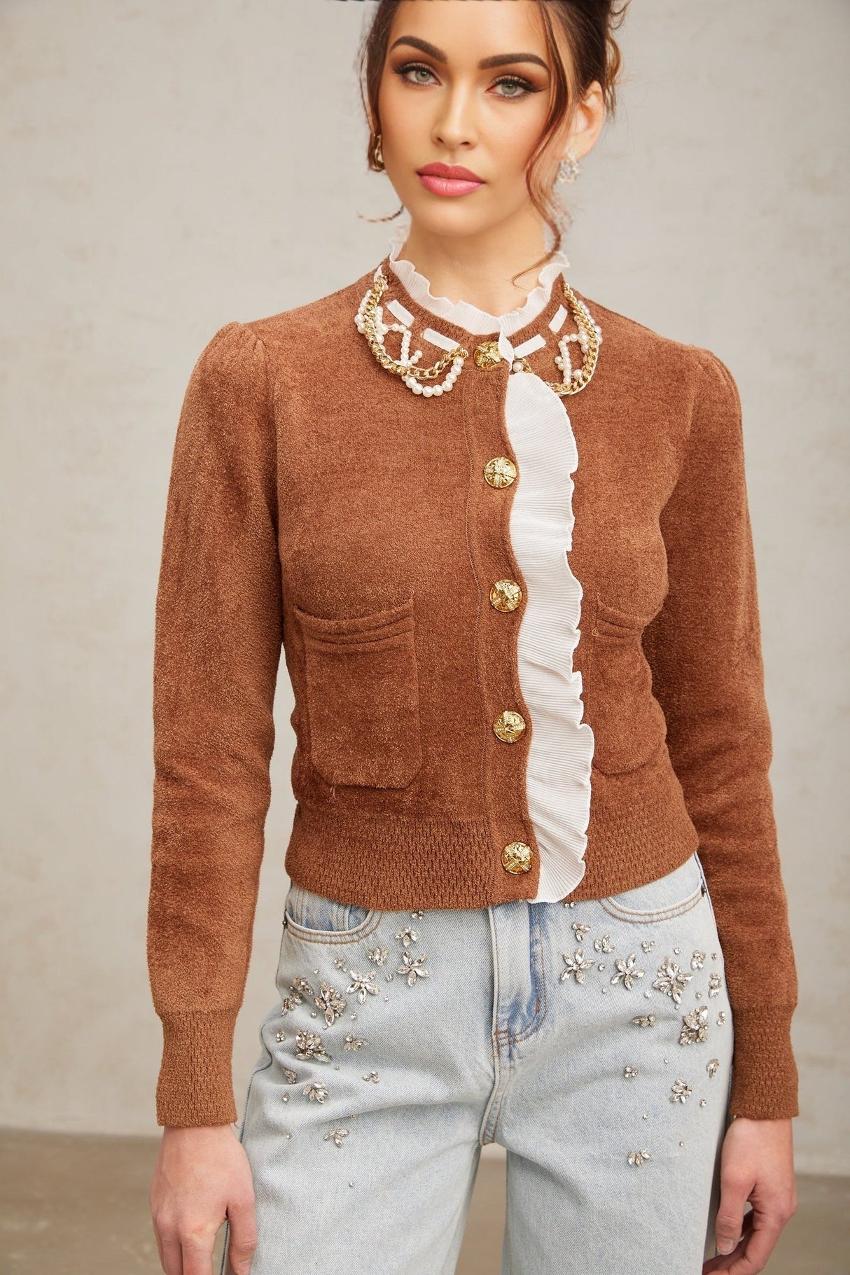 Zelinda Cardigan Brown & White Ruffled Knit Embellished