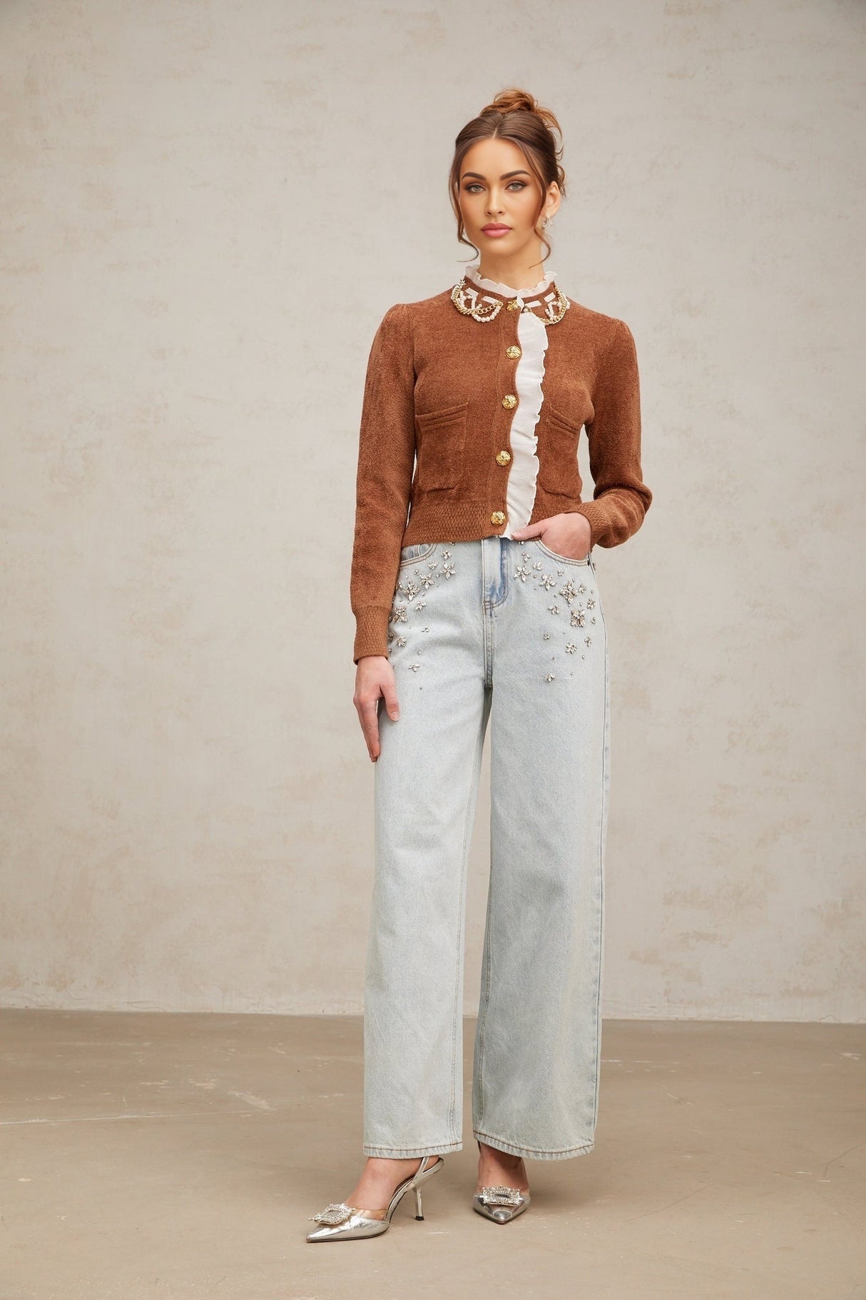 Zelinda Cardigan Brown & White Ruffled Knit Embellished