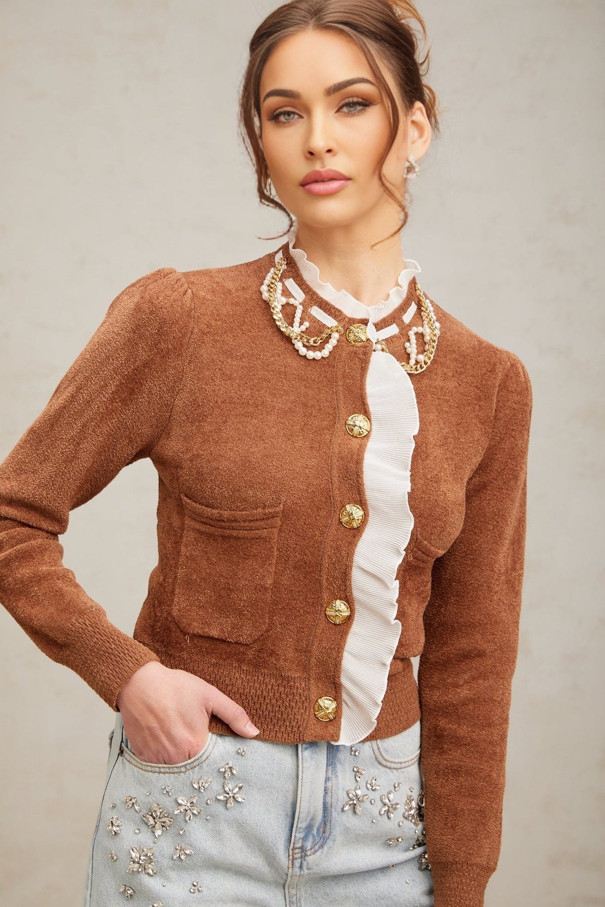 Zelinda Cardigan Brown & White Ruffled Knit Embellished