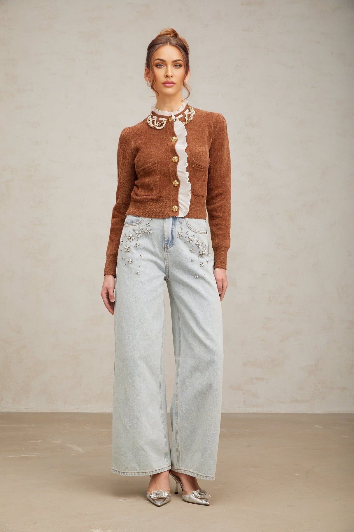 Zelinda Cardigan Brown & White Ruffled Knit Embellished