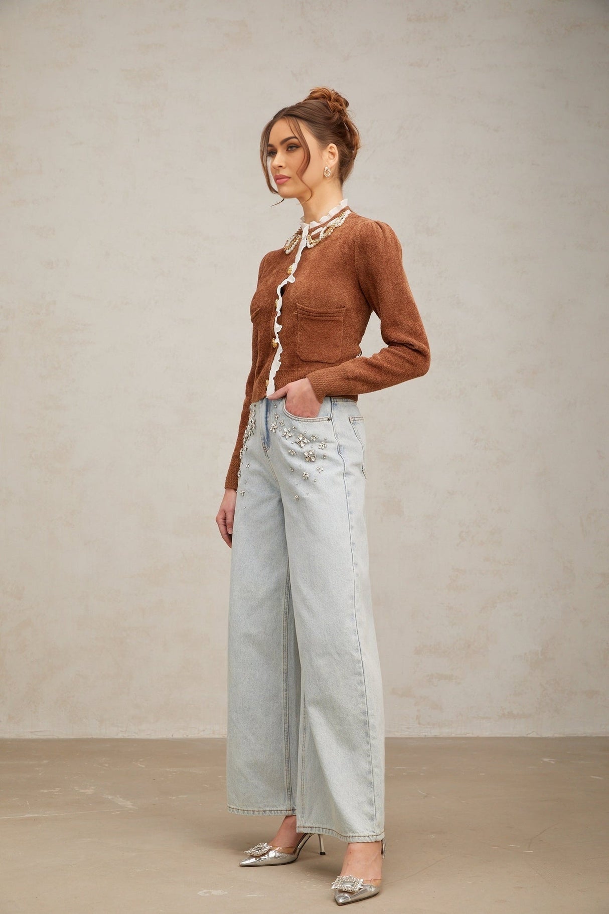 Zelinda Cardigan Brown & White Ruffled Knit Embellished