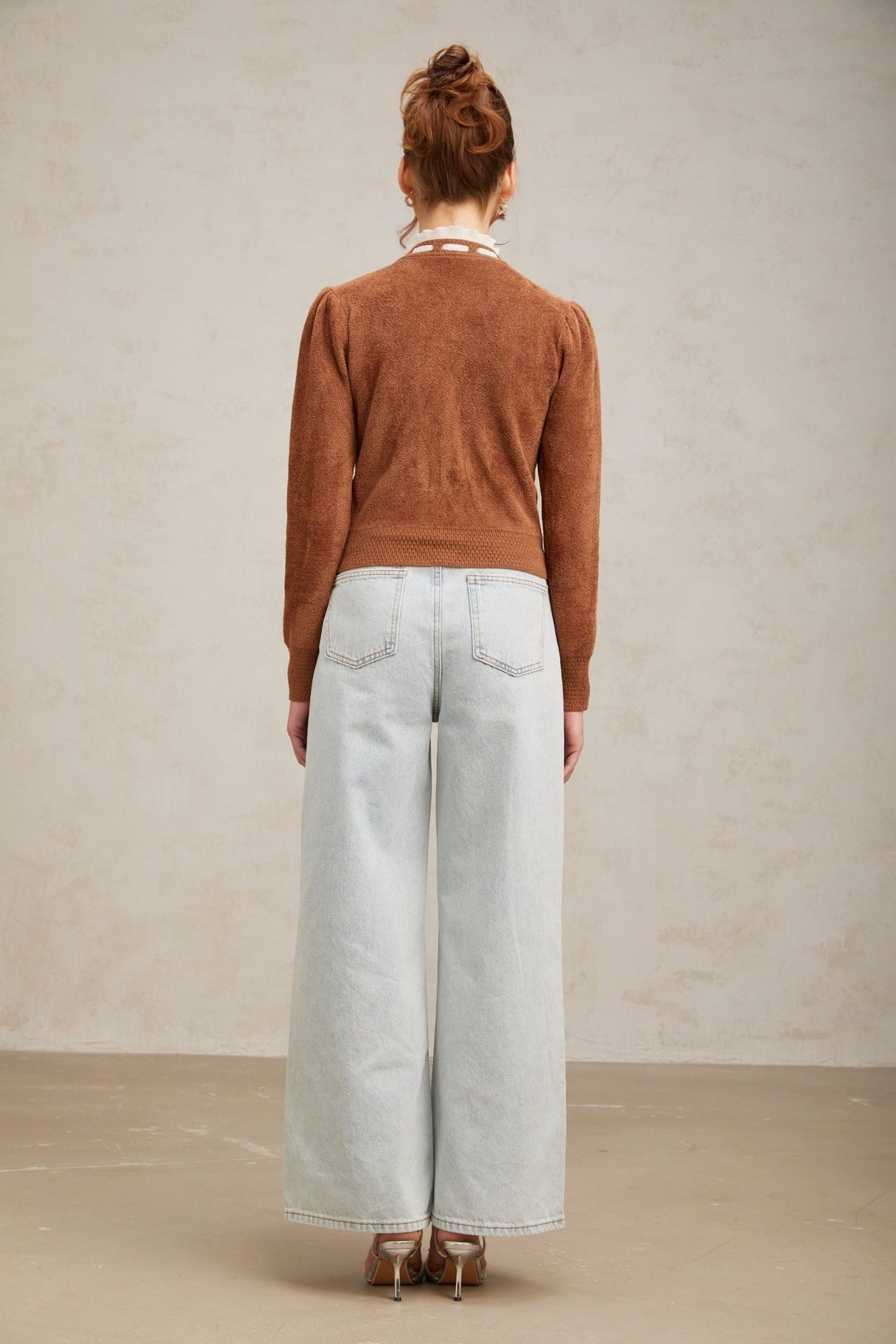 Zelinda Cardigan Brown & White Ruffled Knit Embellished