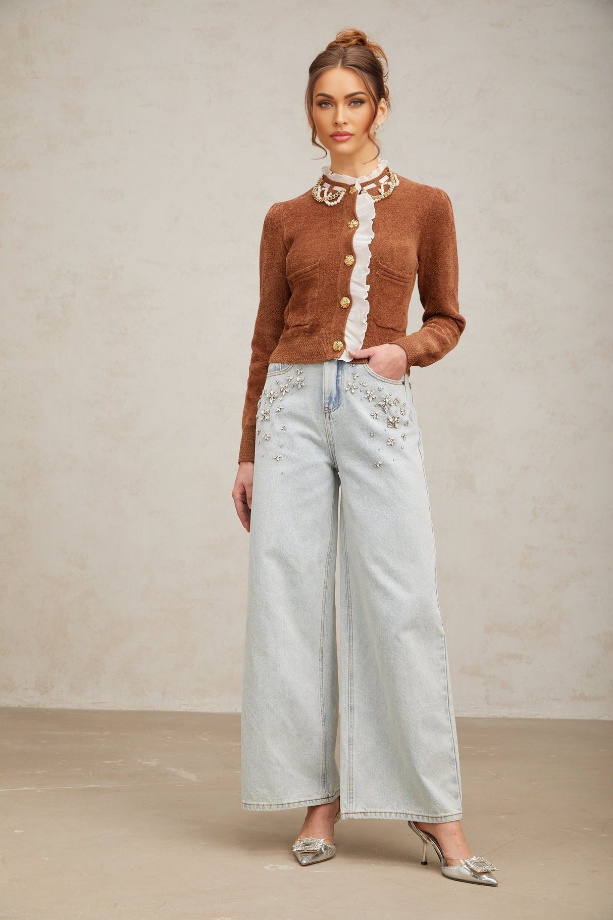 Zelinda Cardigan Brown & White Ruffled Knit Embellished