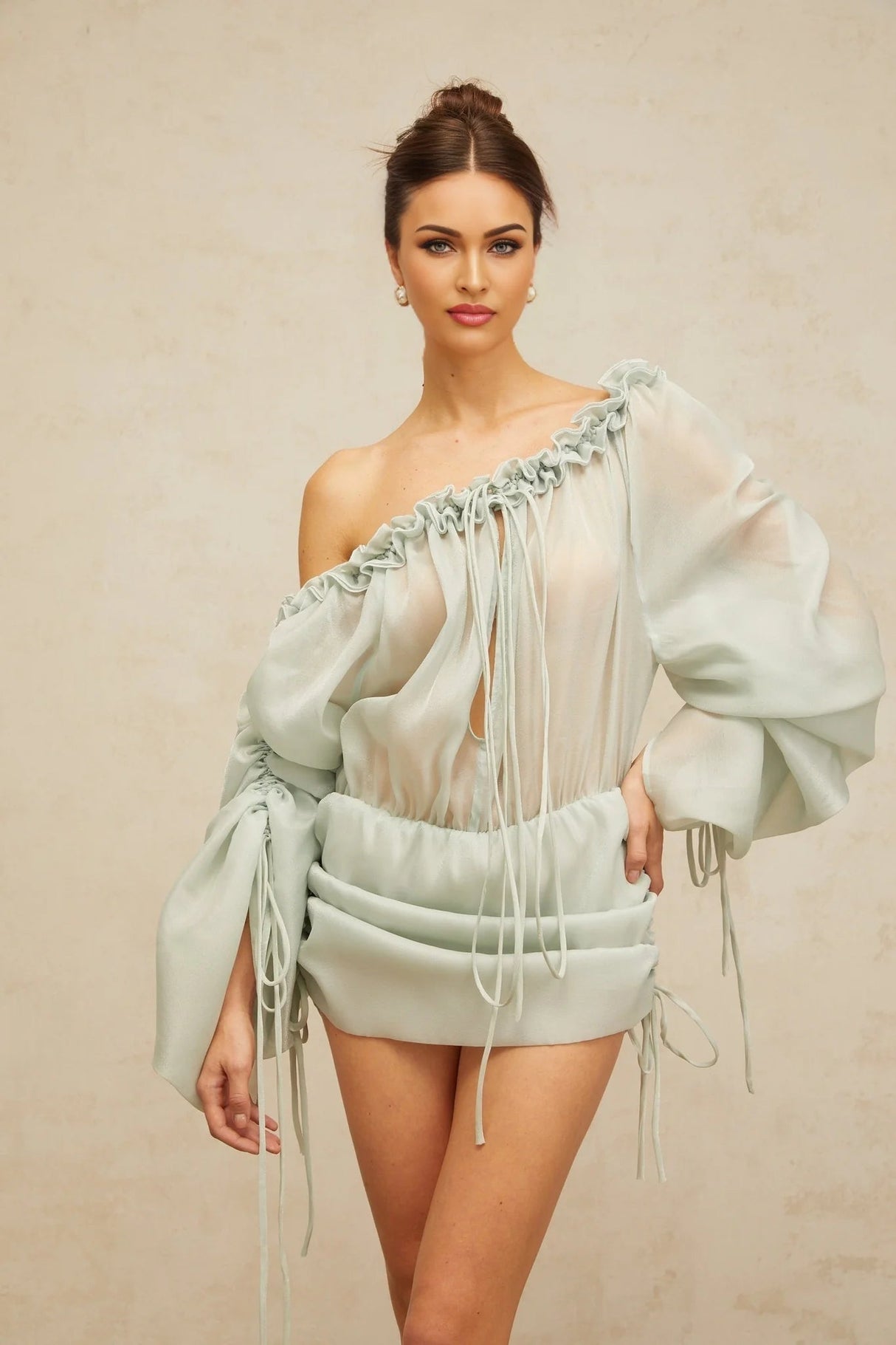 Zelinda Mini Dress Light Green Ruffled One - Shoulder & Open - Back